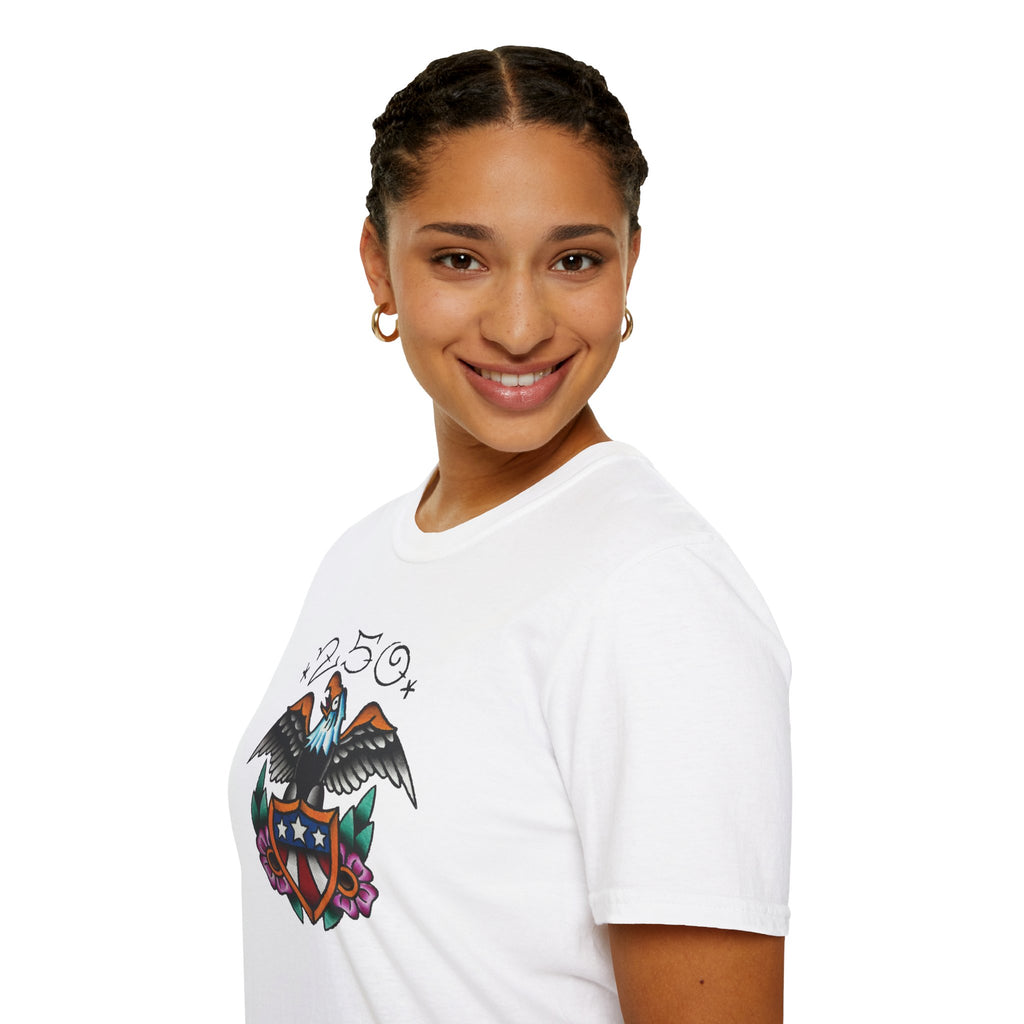 250th Anniversary Eagle w/Flag Shield Tattoo Unisex Softstyle T‑Shirt