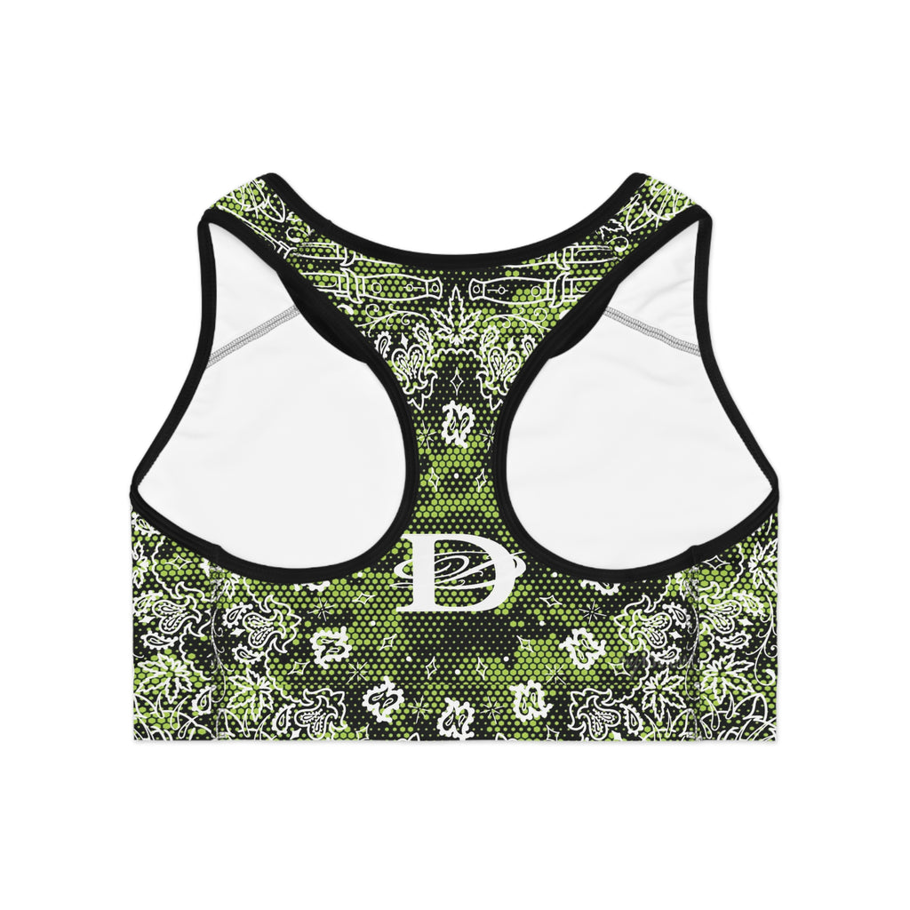 DD Custom Bandana Print W/ Lime Green Hexagon Digital Camo Sports Bra AOP
