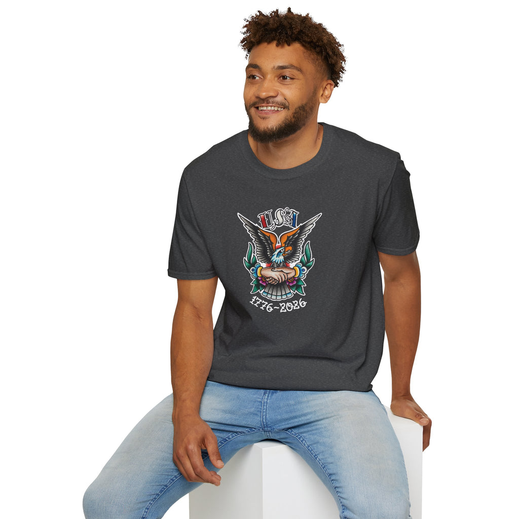 250th Anniversary 1776-2026 Clasped Hands w/Eagle Unisex Softstyle Tattoo T‑Shirt