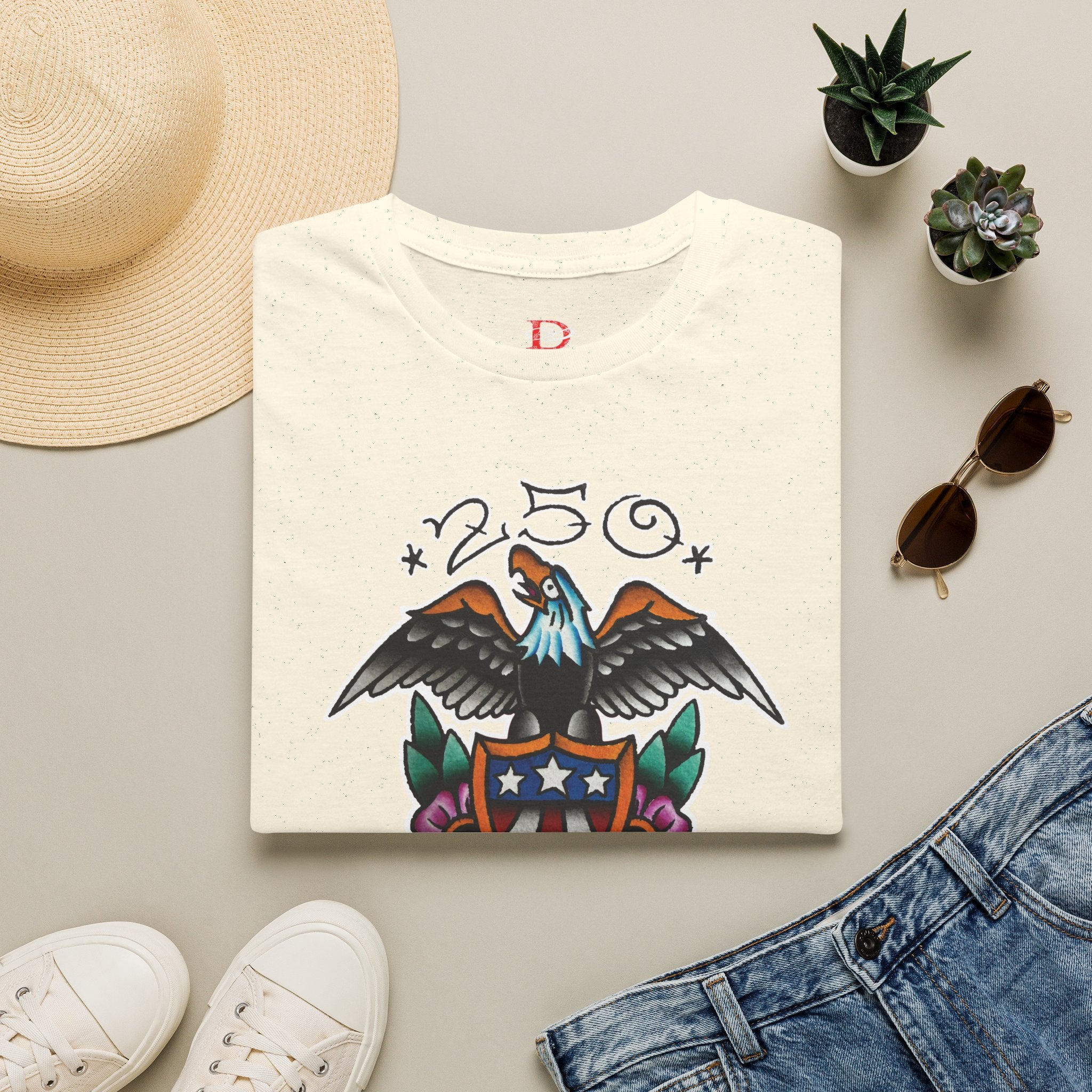 250th Anniversary Eagle w/Flag Shield Tattoo Unisex Softstyle T‑Shirt