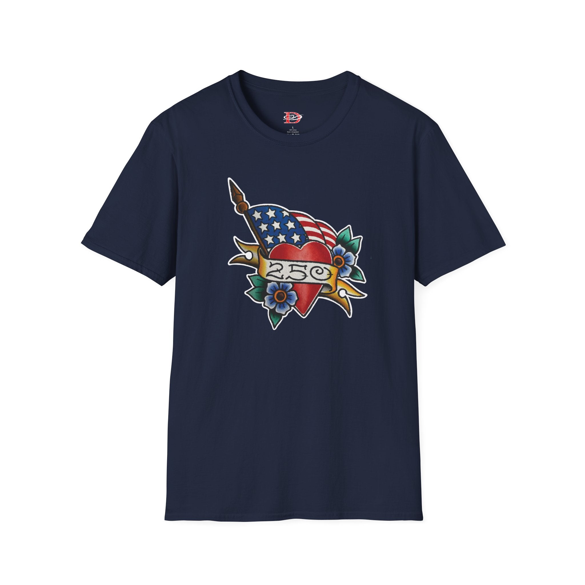 250th Anniversary American Flag and Heart Tattoo Unisex Softstyle T‑Shirt