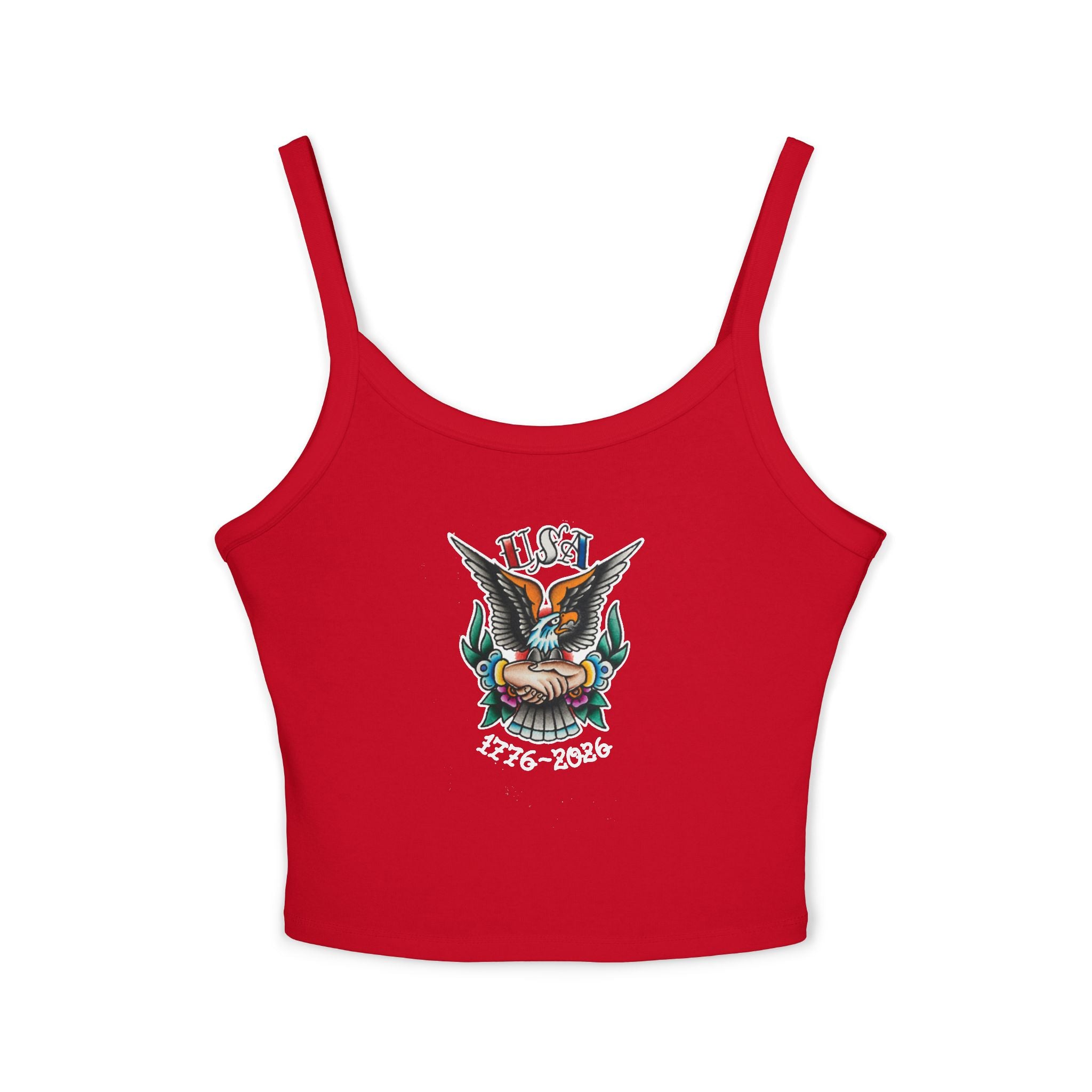 250th Anniversary Eagle w/Clasped Hands Tattoo Design 1776-2026 Spaghetti Strap Woman's Tank Top