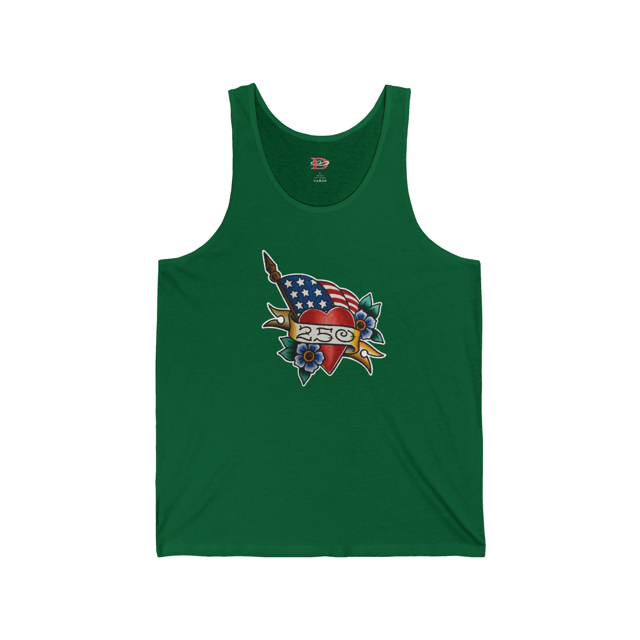 250th Anniversary American Flag w/Heart and 250 Banner Tattoo Design Mens Tank Top