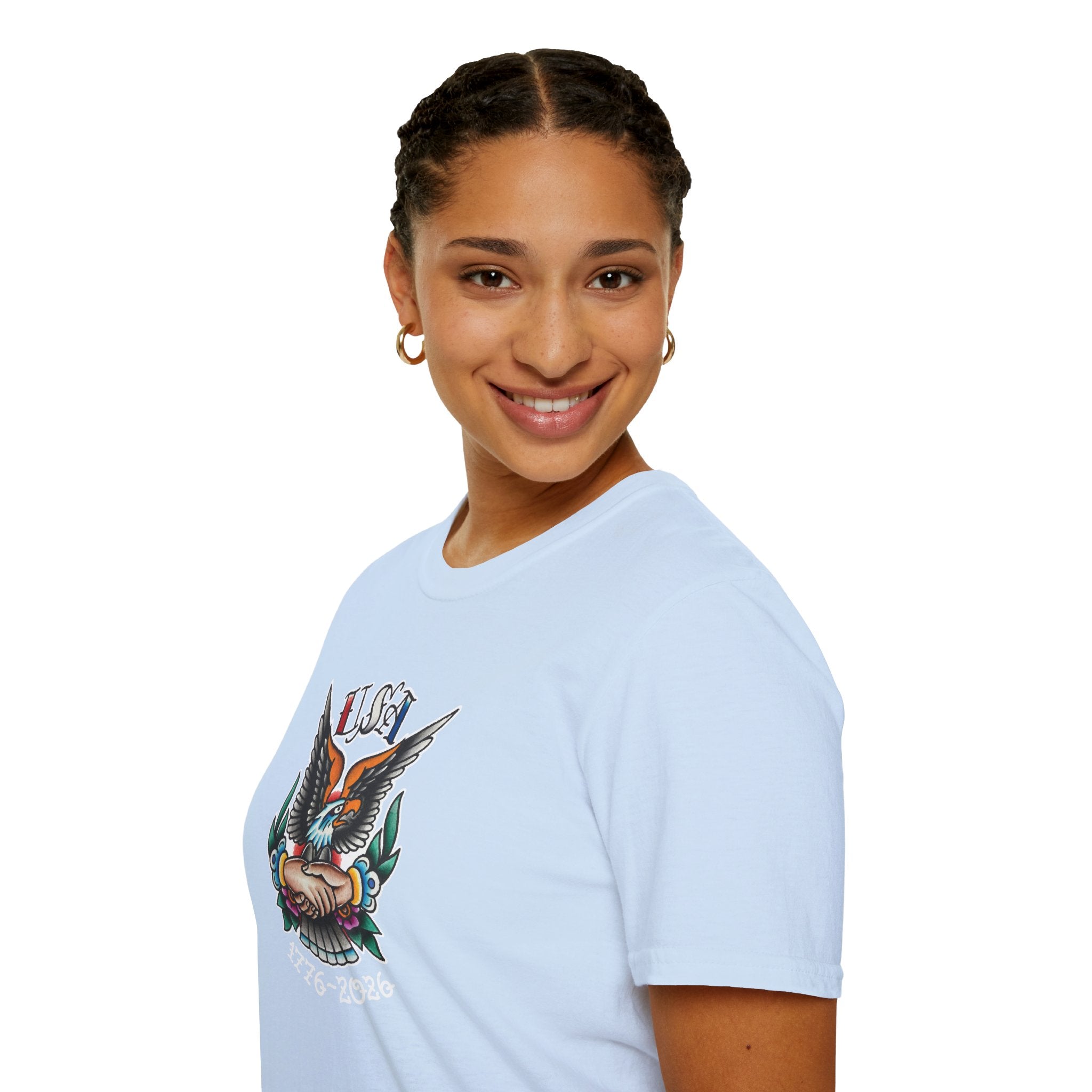 250th Anniversary 1776-2026 Clasped Hands w/Eagle Unisex Softstyle Tattoo T‑Shirt