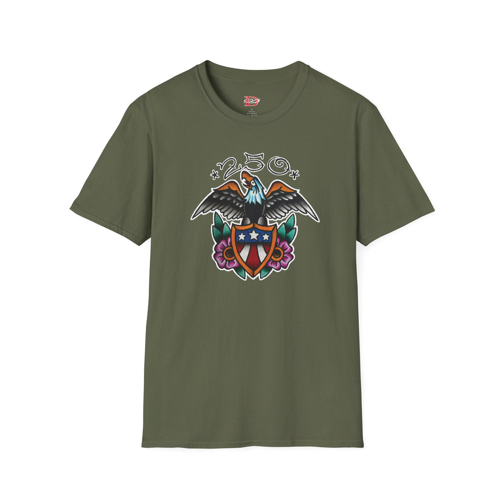 250th Anniversary Eagle w/Flag Shield Tattoo Unisex Softstyle T‑Shirt