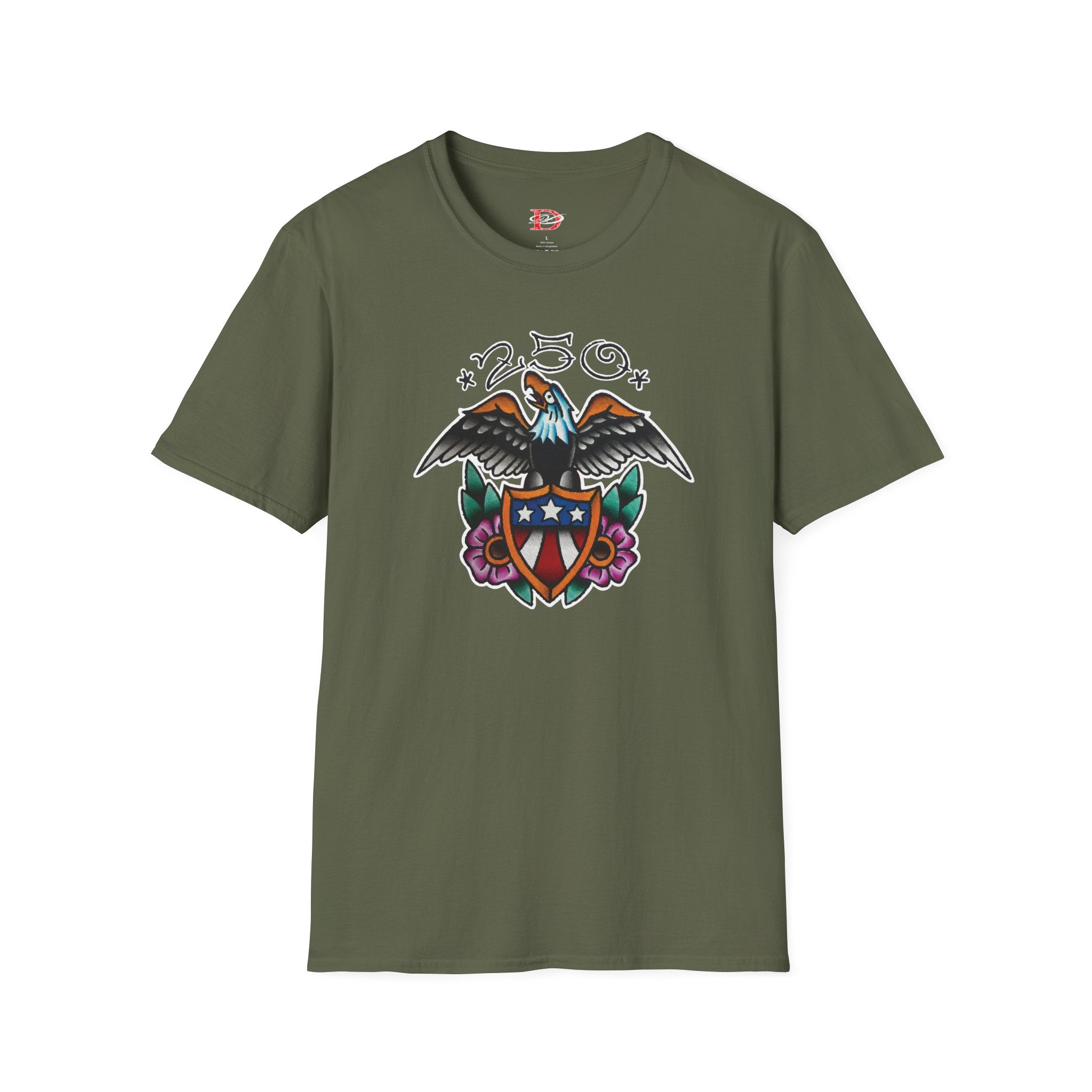 250th Anniversary Eagle w/Flag Shield Tattoo Unisex Softstyle T‑Shirt
