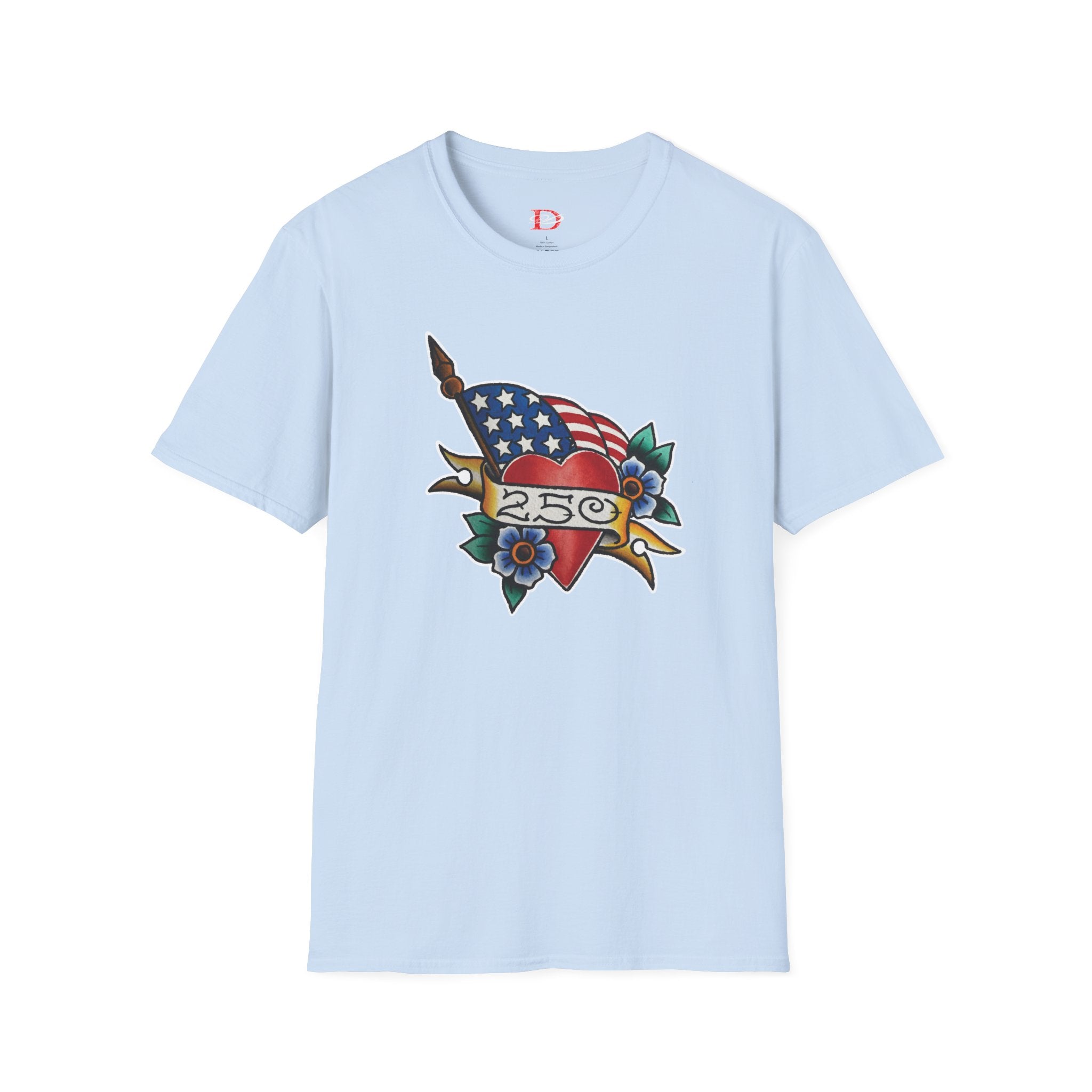 250th Anniversary American Flag and Heart Tattoo Unisex Softstyle T‑Shirt
