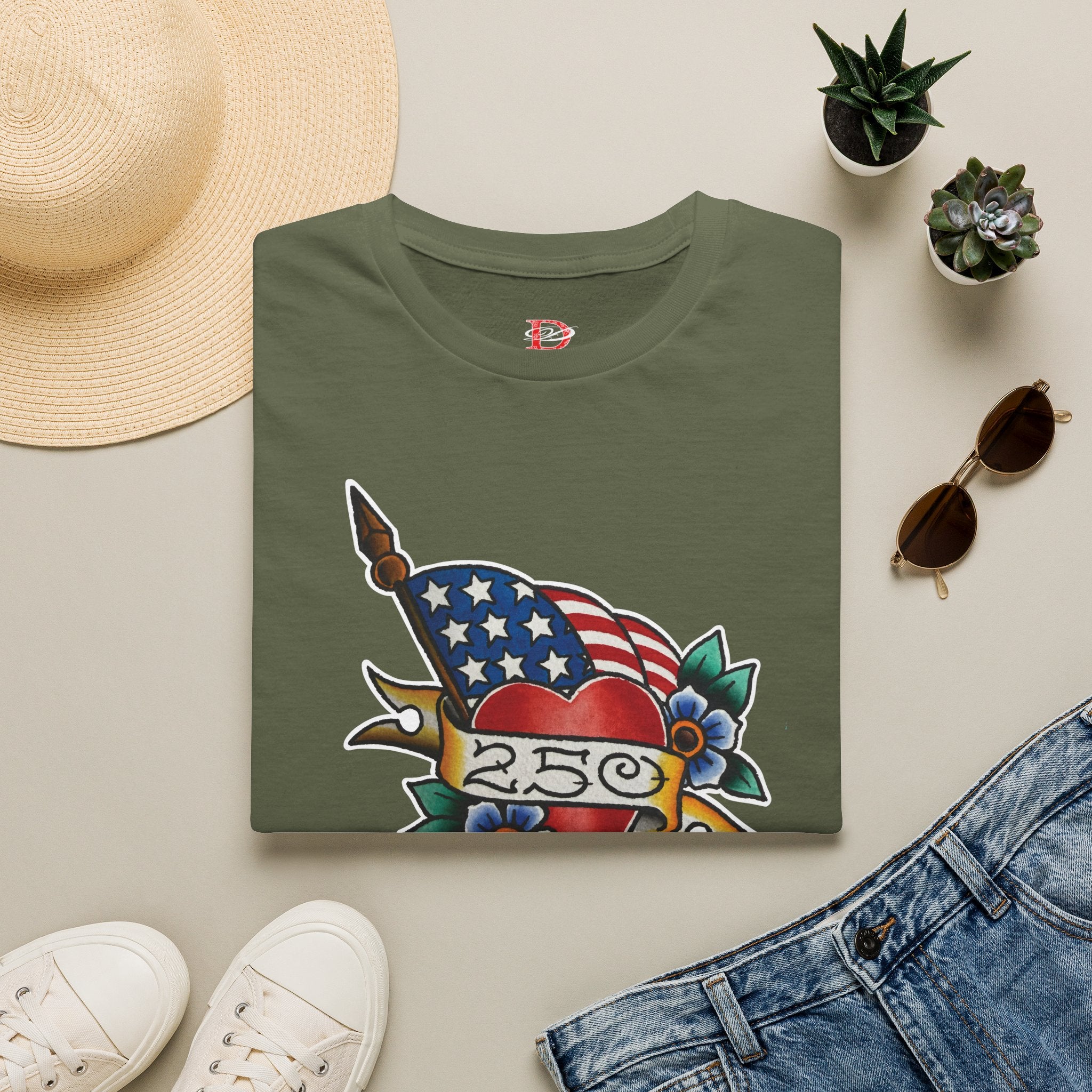 250th Anniversary American Flag and Heart Tattoo Unisex Softstyle T‑Shirt
