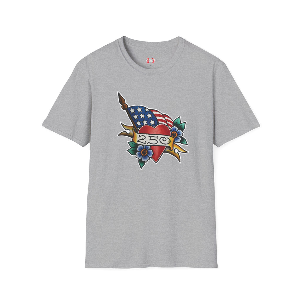 250th Anniversary American Flag and Heart Tattoo Unisex Softstyle T‑Shirt