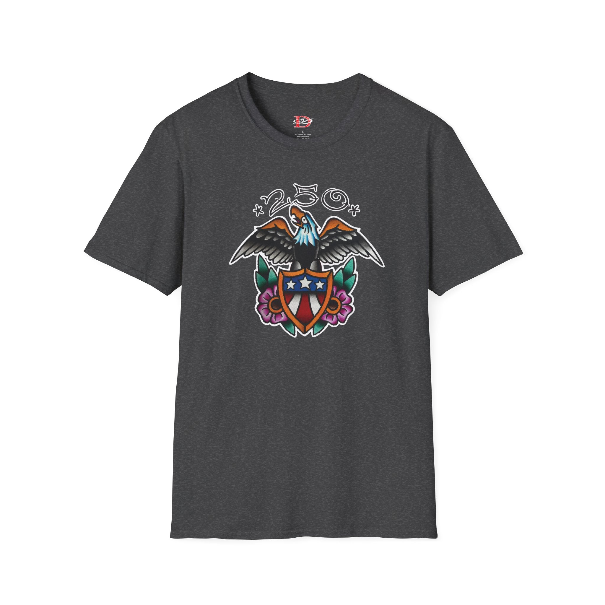 250th Anniversary Eagle w/Flag Shield Tattoo Unisex Softstyle T‑Shirt