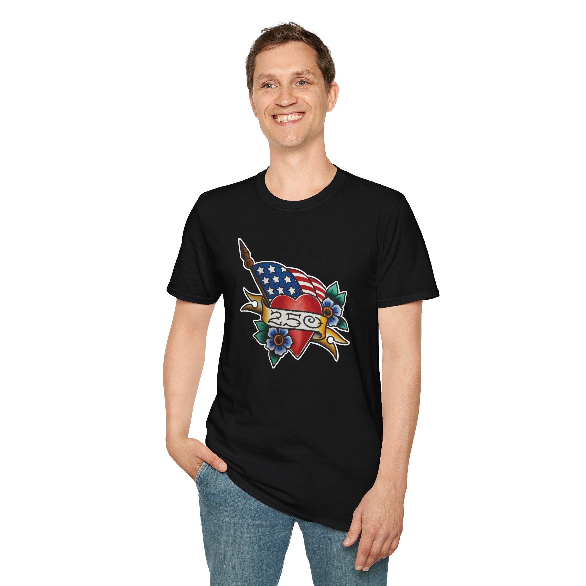 250th Anniversary American Flag and Heart Tattoo Unisex Softstyle T‑Shirt