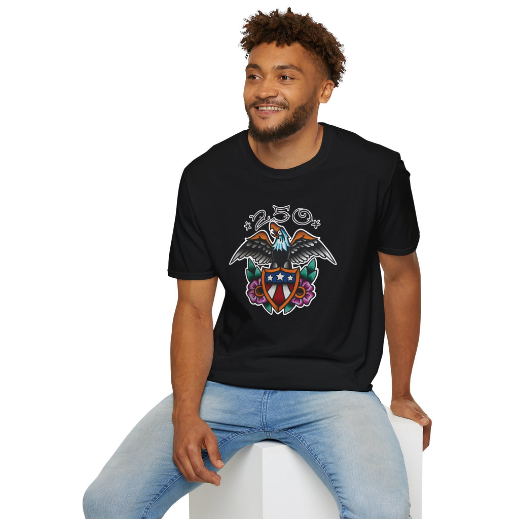 250th Anniversary Eagle w/Flag Shield Tattoo Unisex Softstyle T‑Shirt