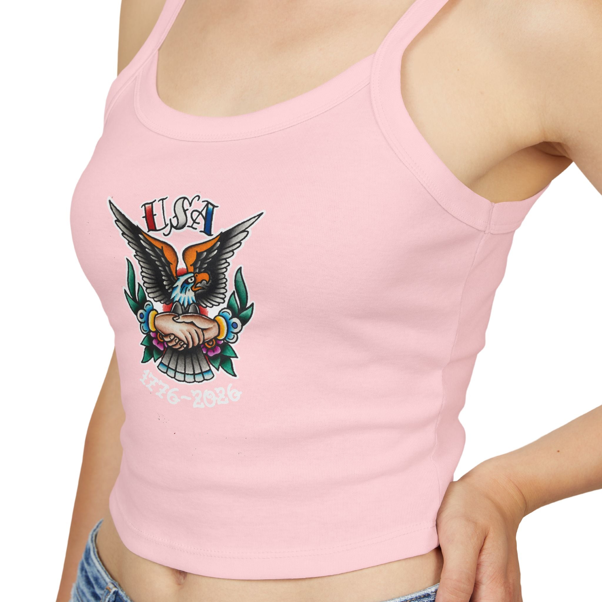 250th Anniversary Eagle w/Clasped Hands Tattoo Design 1776-2026 Spaghetti Strap Woman's Tank Top