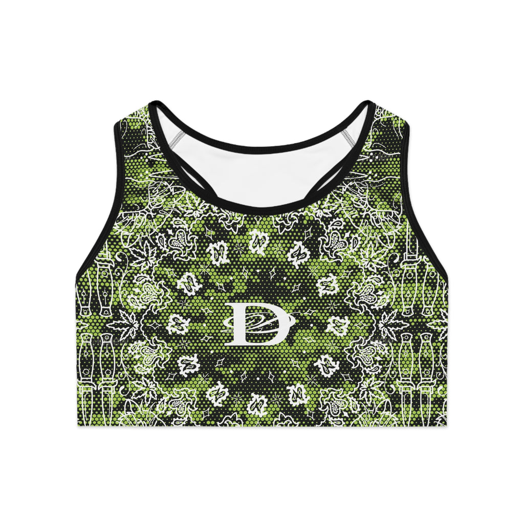 DD Custom Bandana Print W/ Lime Green Hexagon Digital Camo Sports Bra AOP