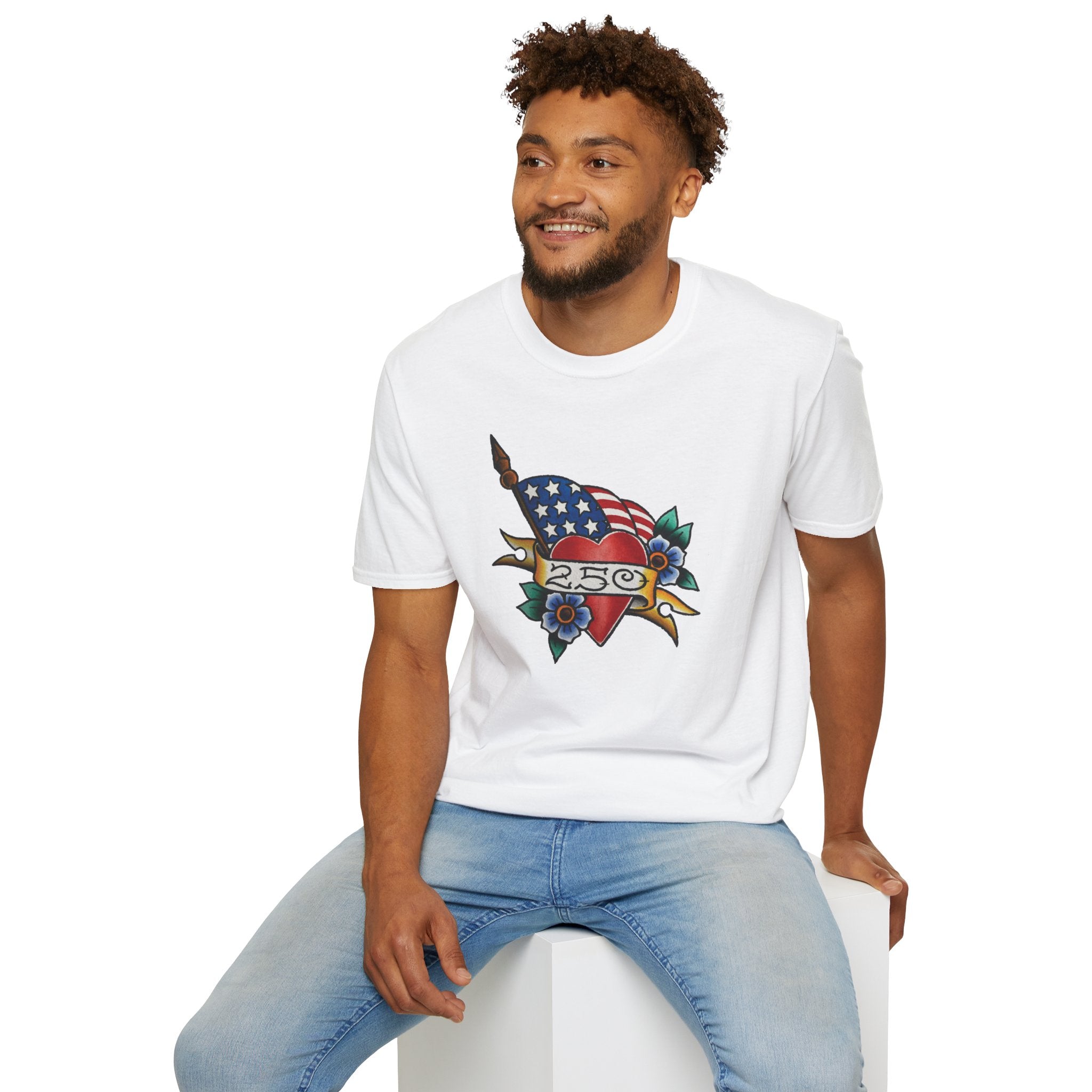 250th Anniversary American Flag and Heart Tattoo Unisex Softstyle T‑Shirt