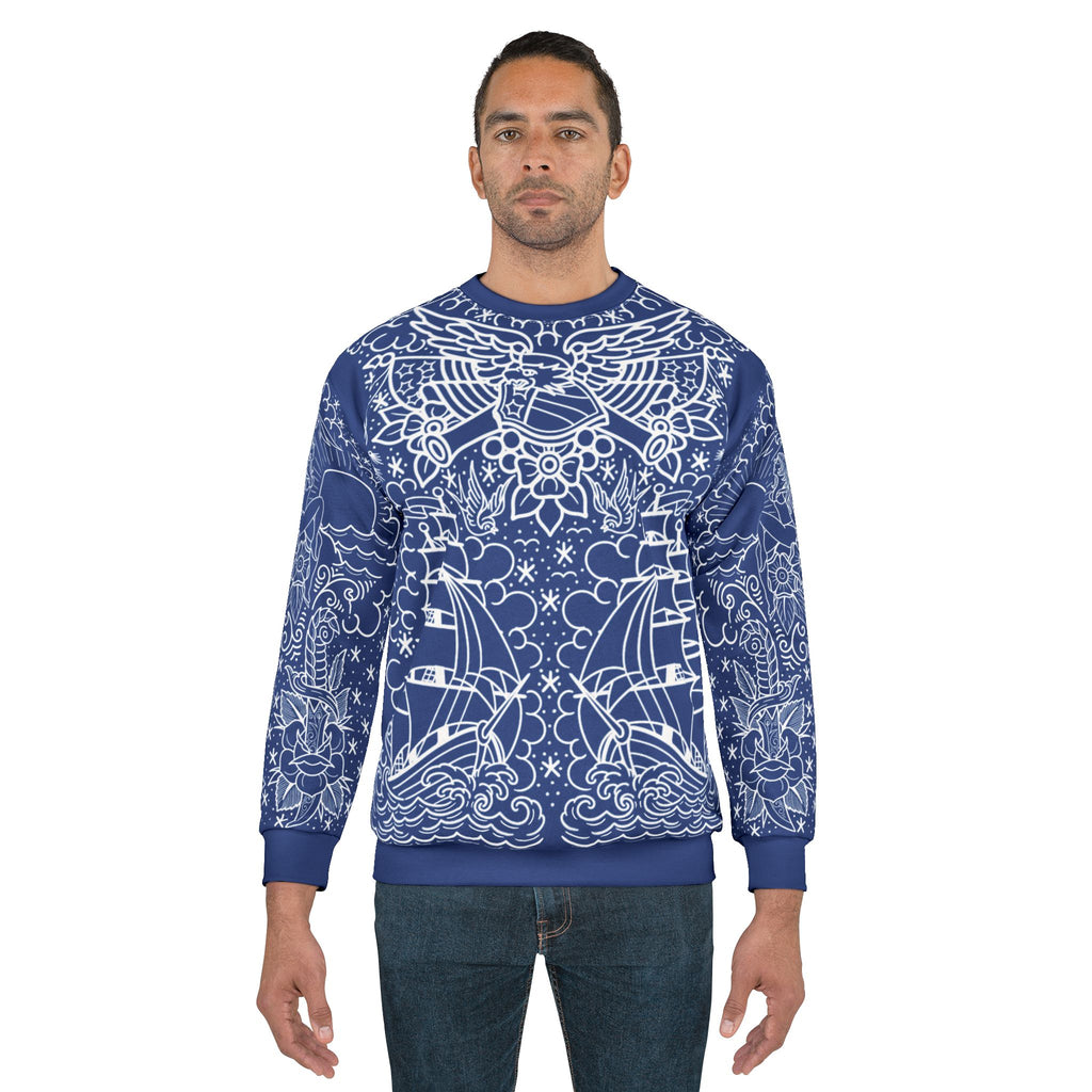 Traditional American Tattoo Body Suit Blueprint Edition Unisex Crewneck Sweatshirt AOP