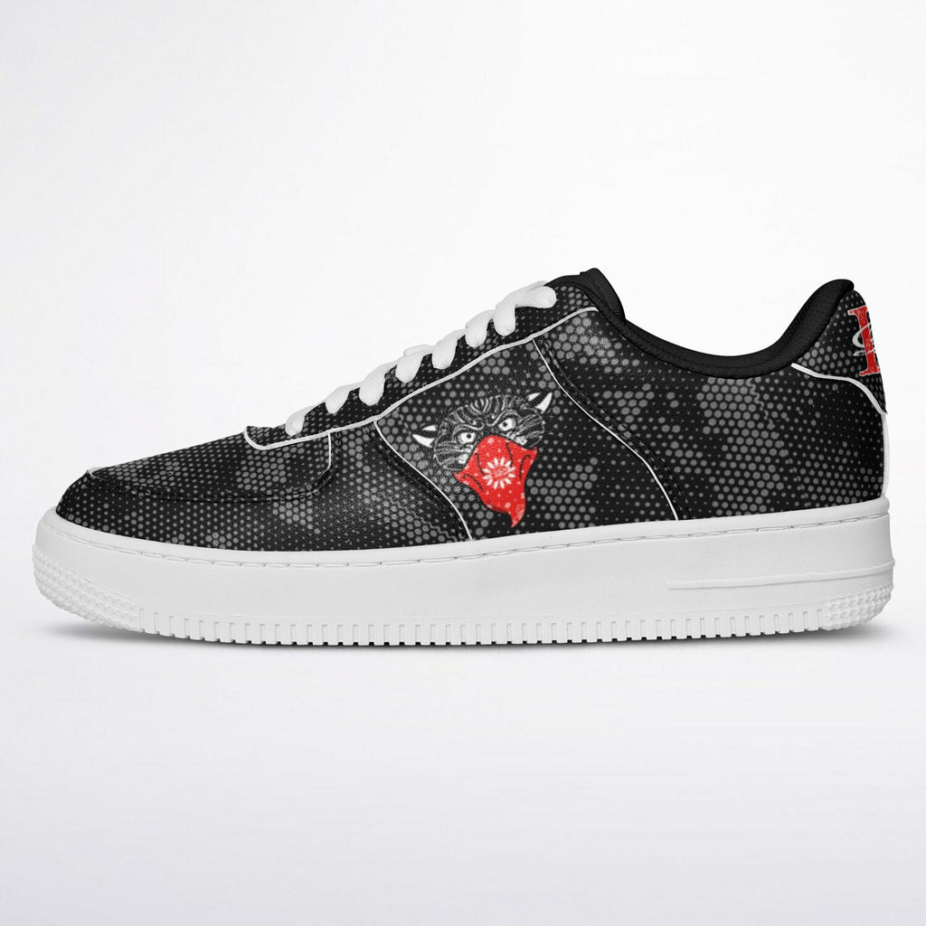 DD Low Top Sneakers in Digital Hexagon Urban Camo Pattern w/Bandito Panther and Box Logo AOP