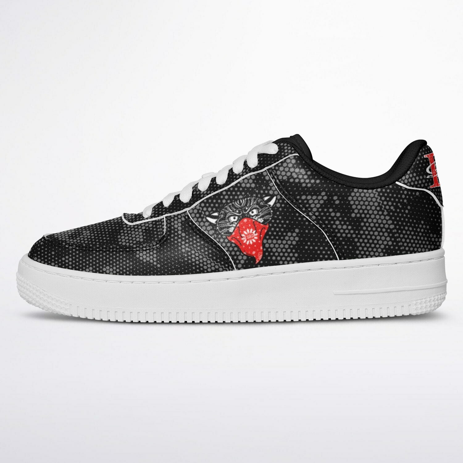 DD Low Top Sneakers in Digital Hexagon Urban Camo Pattern w/Bandito Panther and Box Logo AOP
