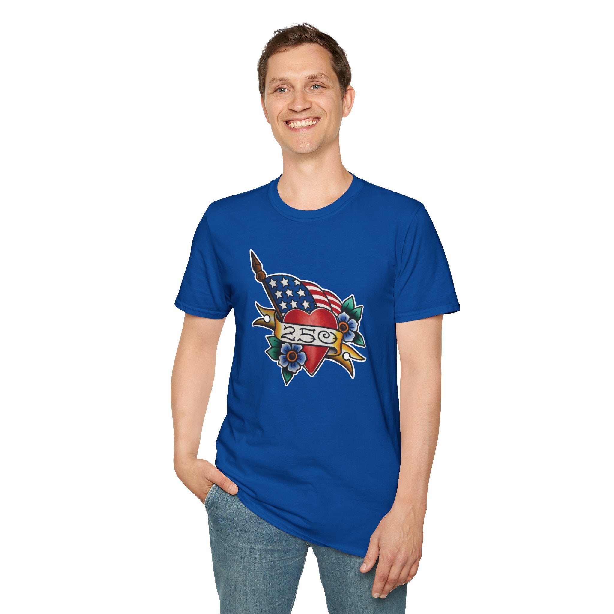 250th Anniversary American Flag and Heart Tattoo Unisex Softstyle T‑Shirt