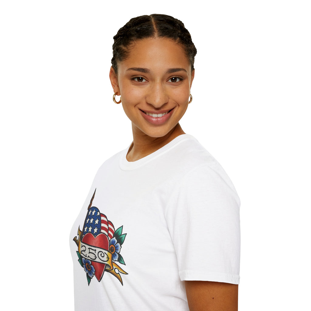 250th Anniversary American Flag and Heart Tattoo Unisex Softstyle T‑Shirt