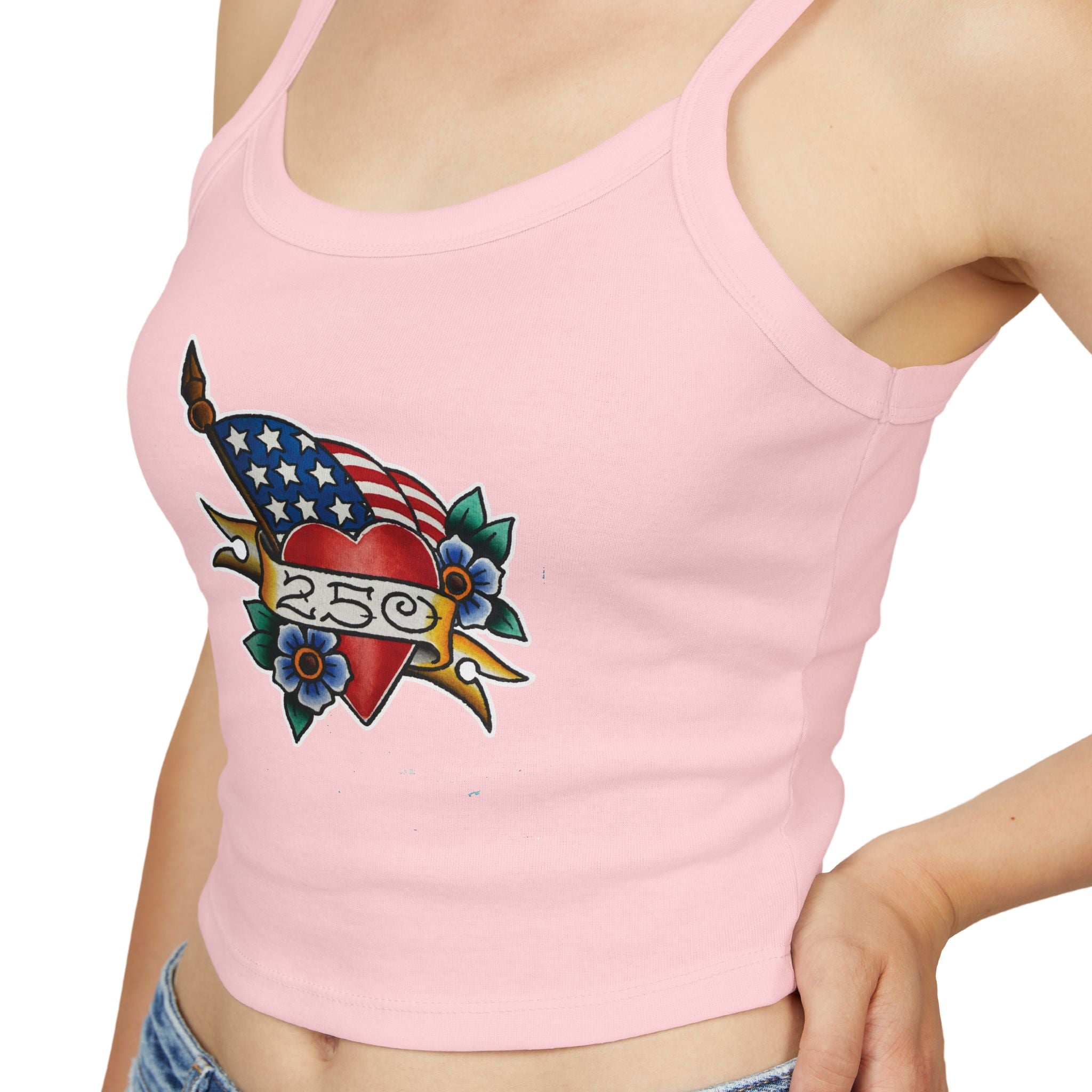 250th Anniversary Banner Heart and Flag Spaghetti Strap Woman's Tank Top