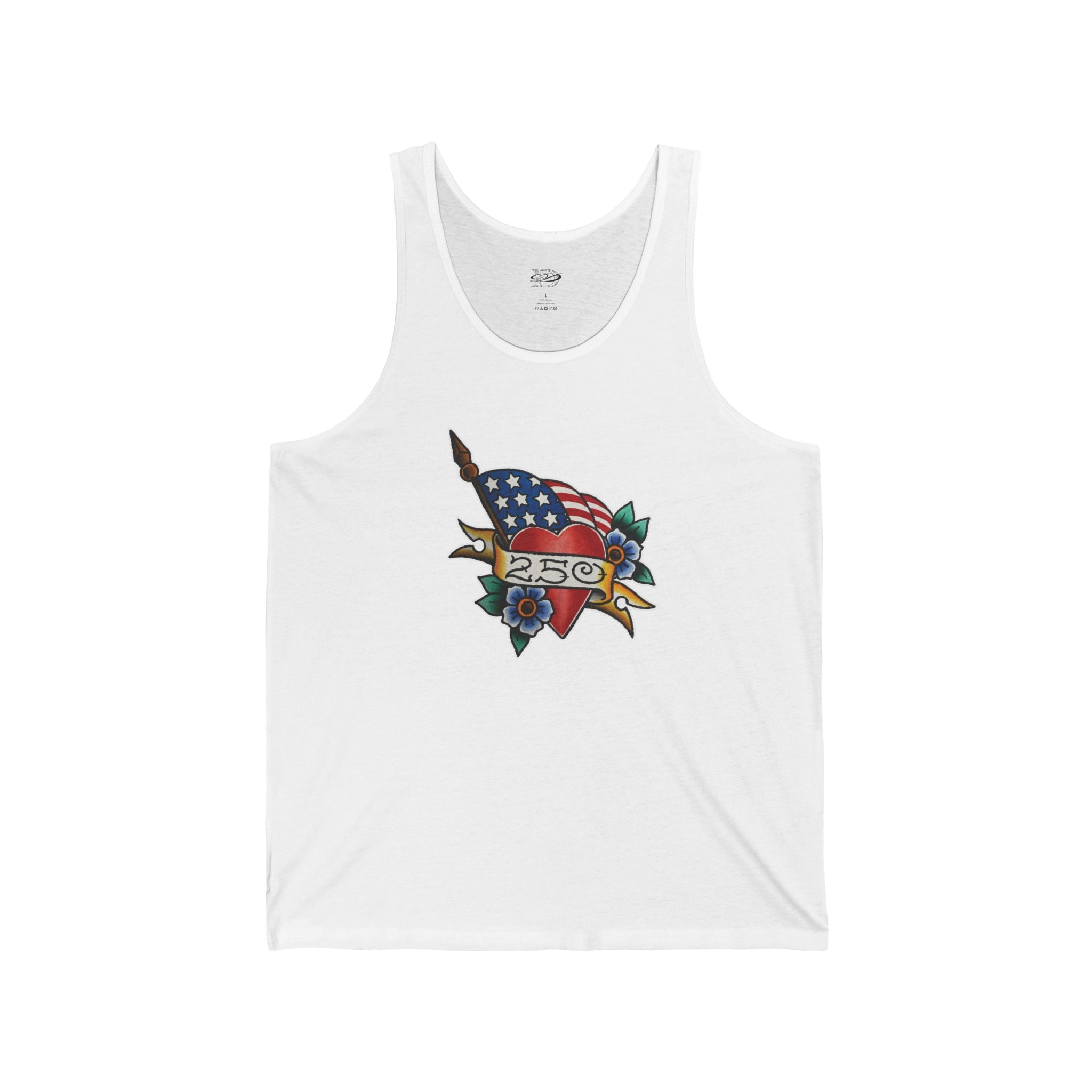 250th Anniversary American Flag w/Heart and 250 Banner Tattoo Design Mens Tank Top
