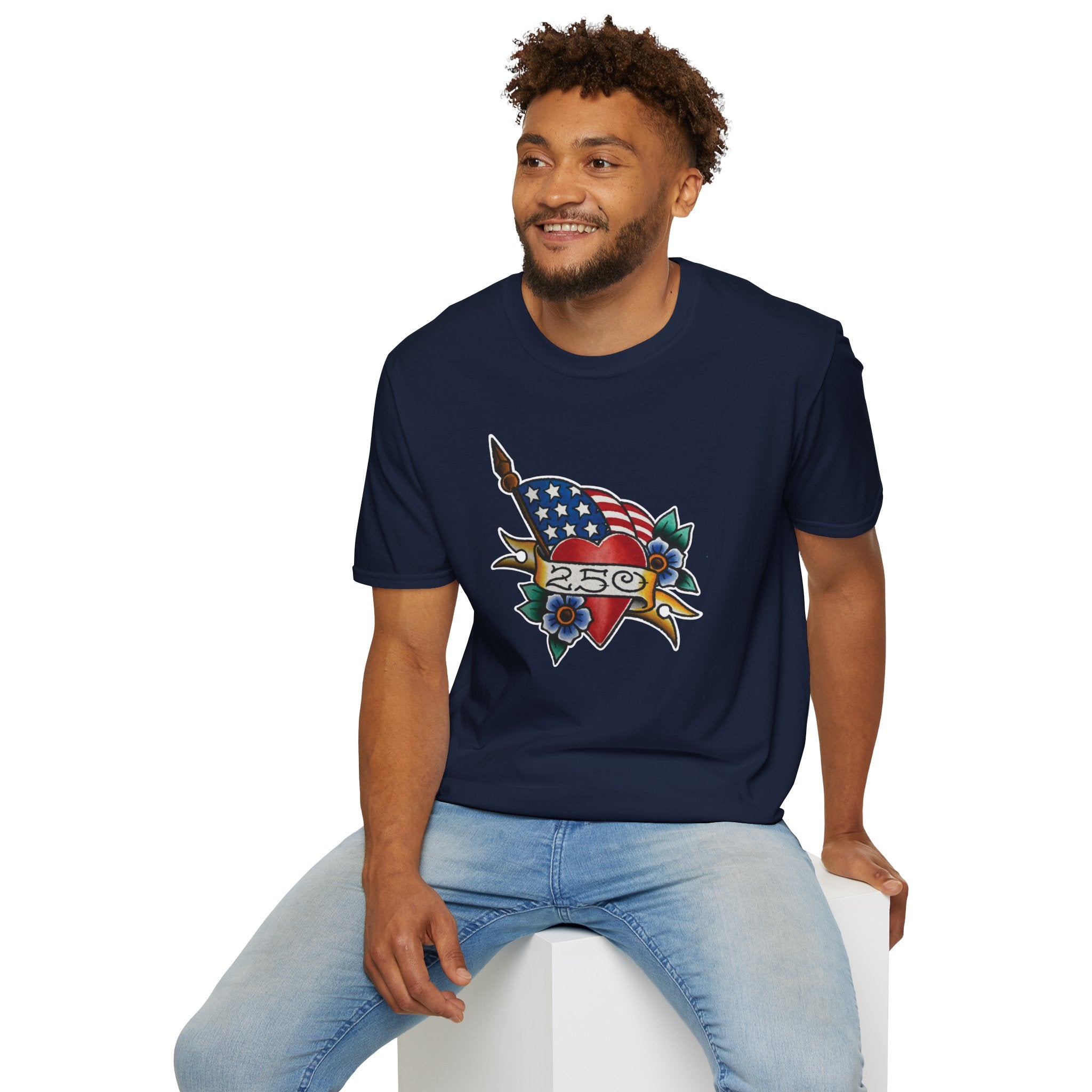 250th Anniversary American Flag and Heart Tattoo Unisex Softstyle T‑Shirt