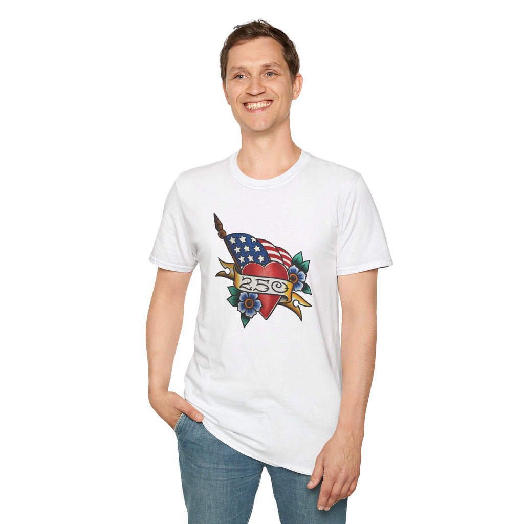 250th Anniversary American Flag and Heart Tattoo Unisex Softstyle T‑Shirt