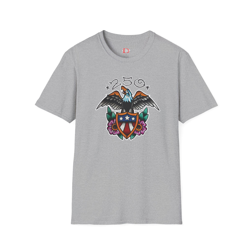 250th Anniversary Eagle w/Flag Shield Tattoo Unisex Softstyle T‑Shirt