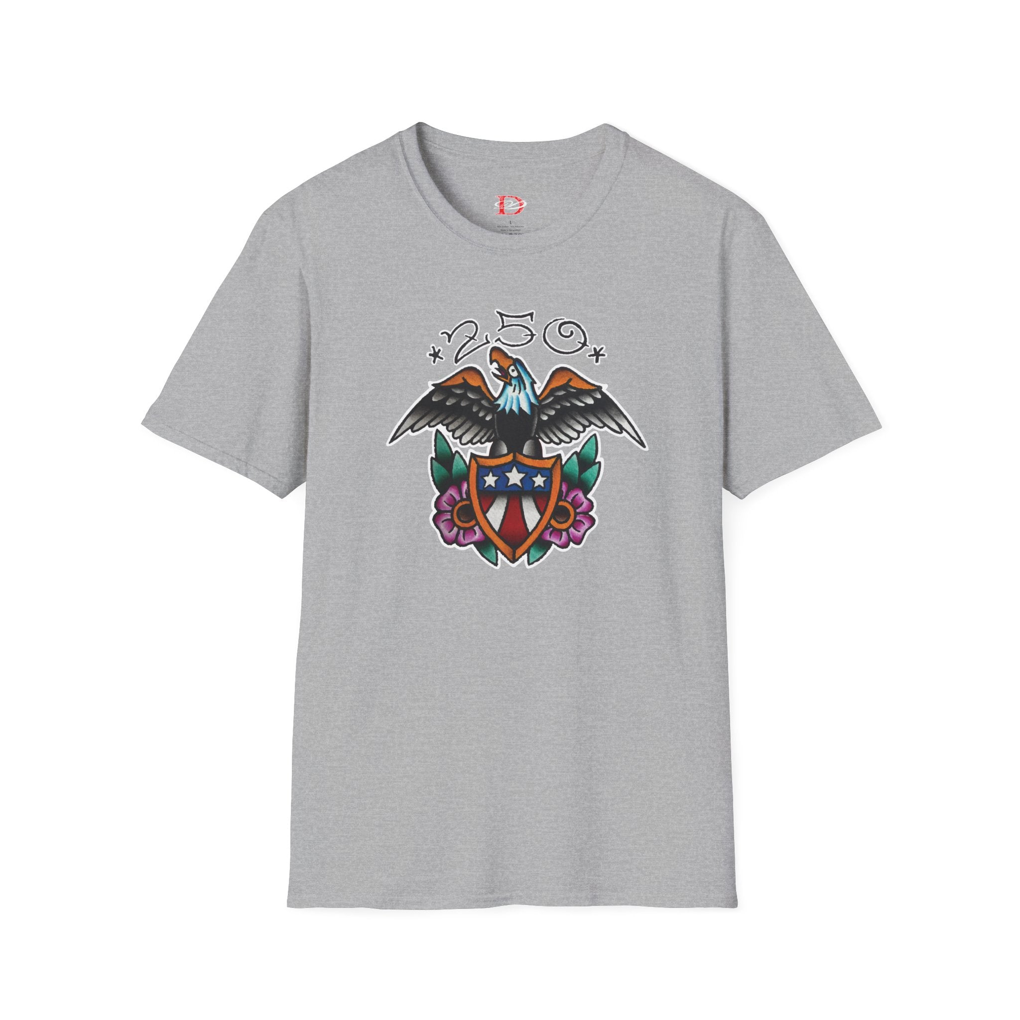 250th Anniversary Eagle w/Flag Shield Tattoo Unisex Softstyle T‑Shirt