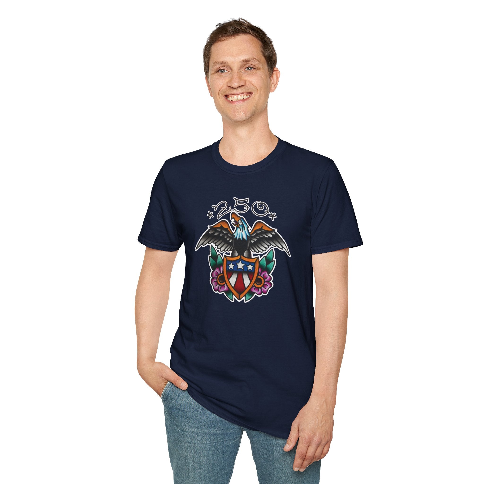250th Anniversary Eagle w/Flag Shield Tattoo Unisex Softstyle T‑Shirt