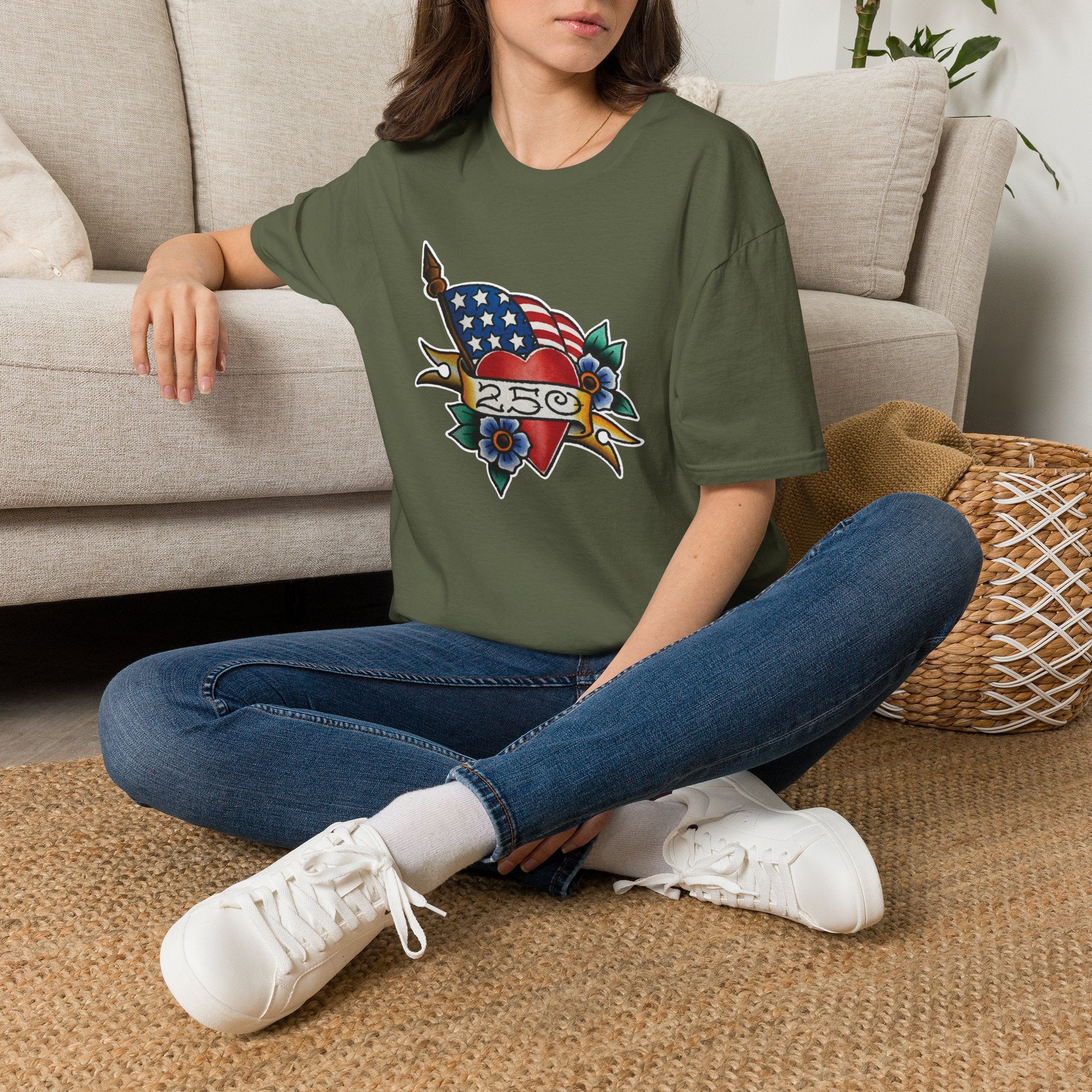 250th Anniversary American Flag and Heart Tattoo Unisex Softstyle T‑Shirt