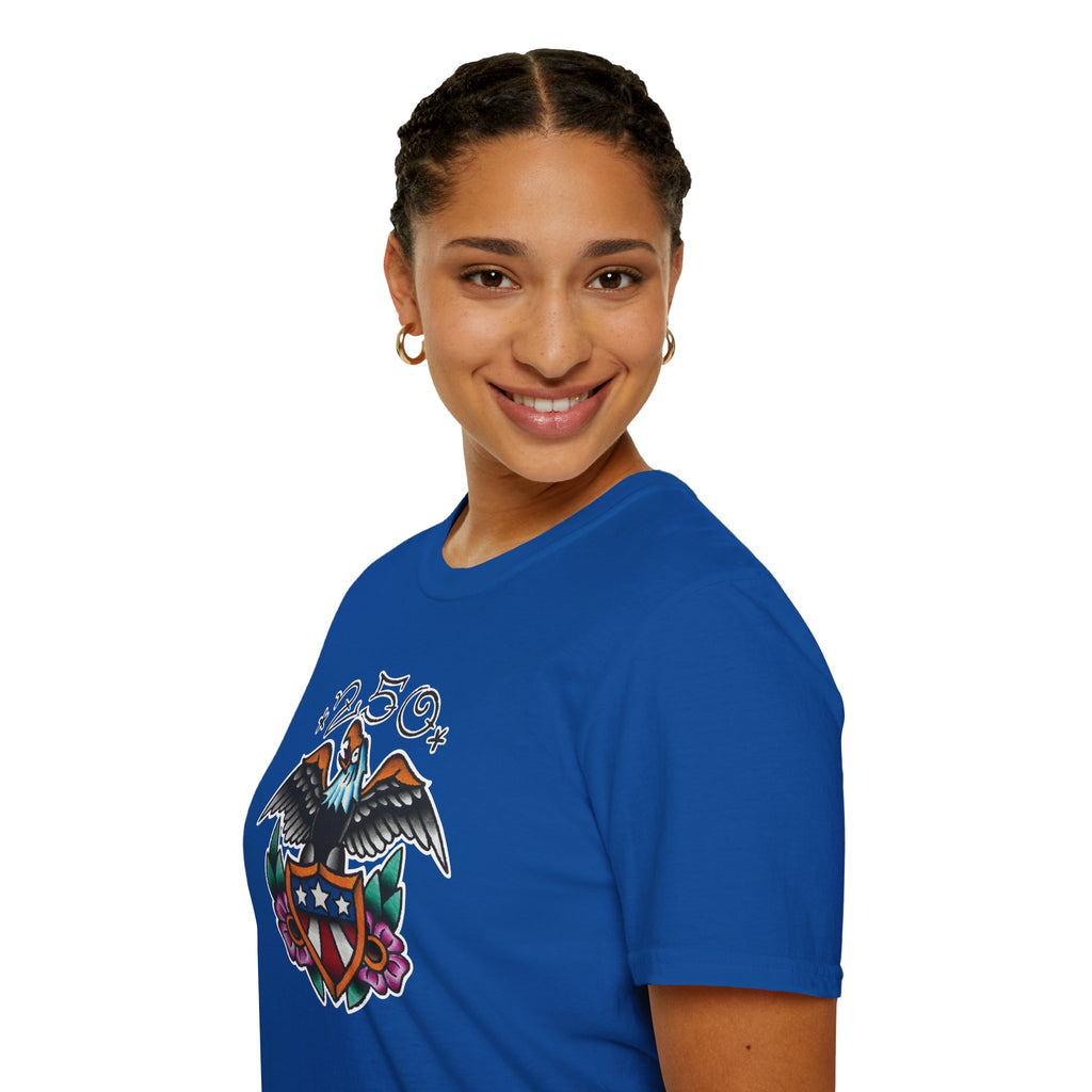250th Anniversary Eagle w/Flag Shield Tattoo Unisex Softstyle T‑Shirt