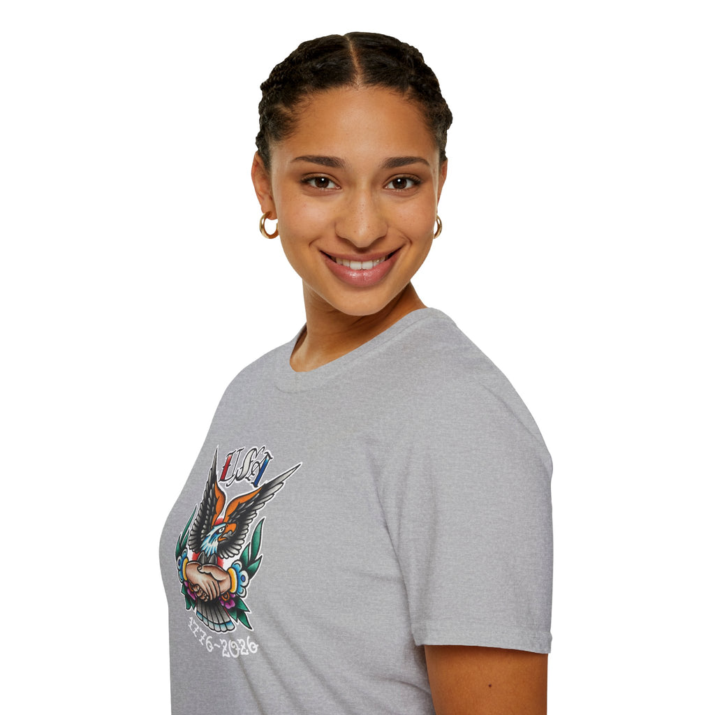 250th Anniversary 1776-2026 Clasped Hands w/Eagle Unisex Softstyle Tattoo T‑Shirt