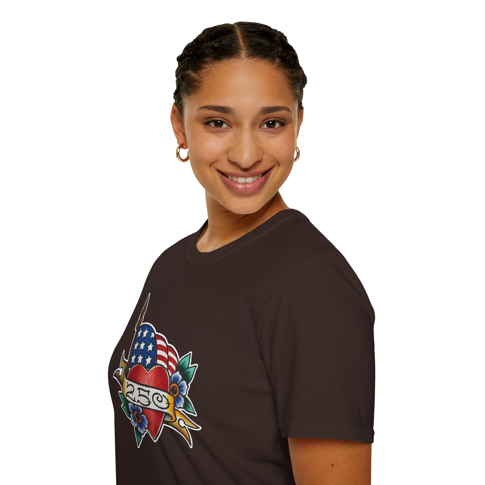 250th Anniversary American Flag and Heart Tattoo Unisex Softstyle T‑Shirt