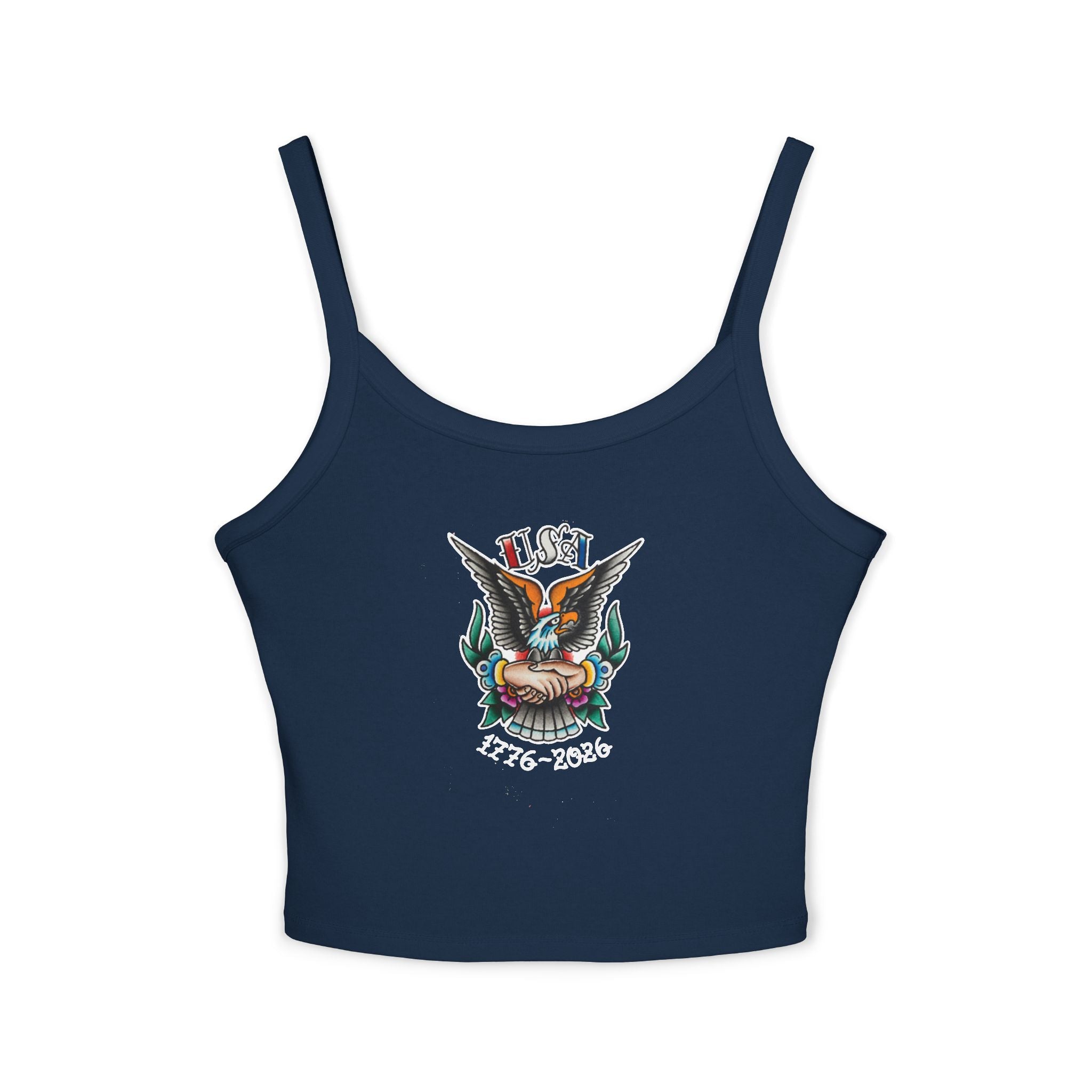 250th Anniversary Eagle w/Clasped Hands Tattoo Design 1776-2026 Spaghetti Strap Woman's Tank Top