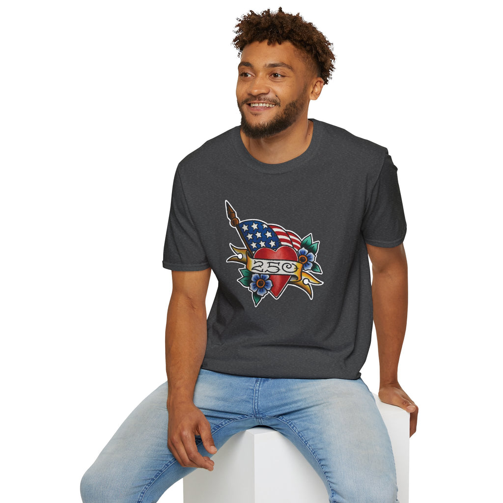 250th Anniversary American Flag and Heart Tattoo Unisex Softstyle T‑Shirt