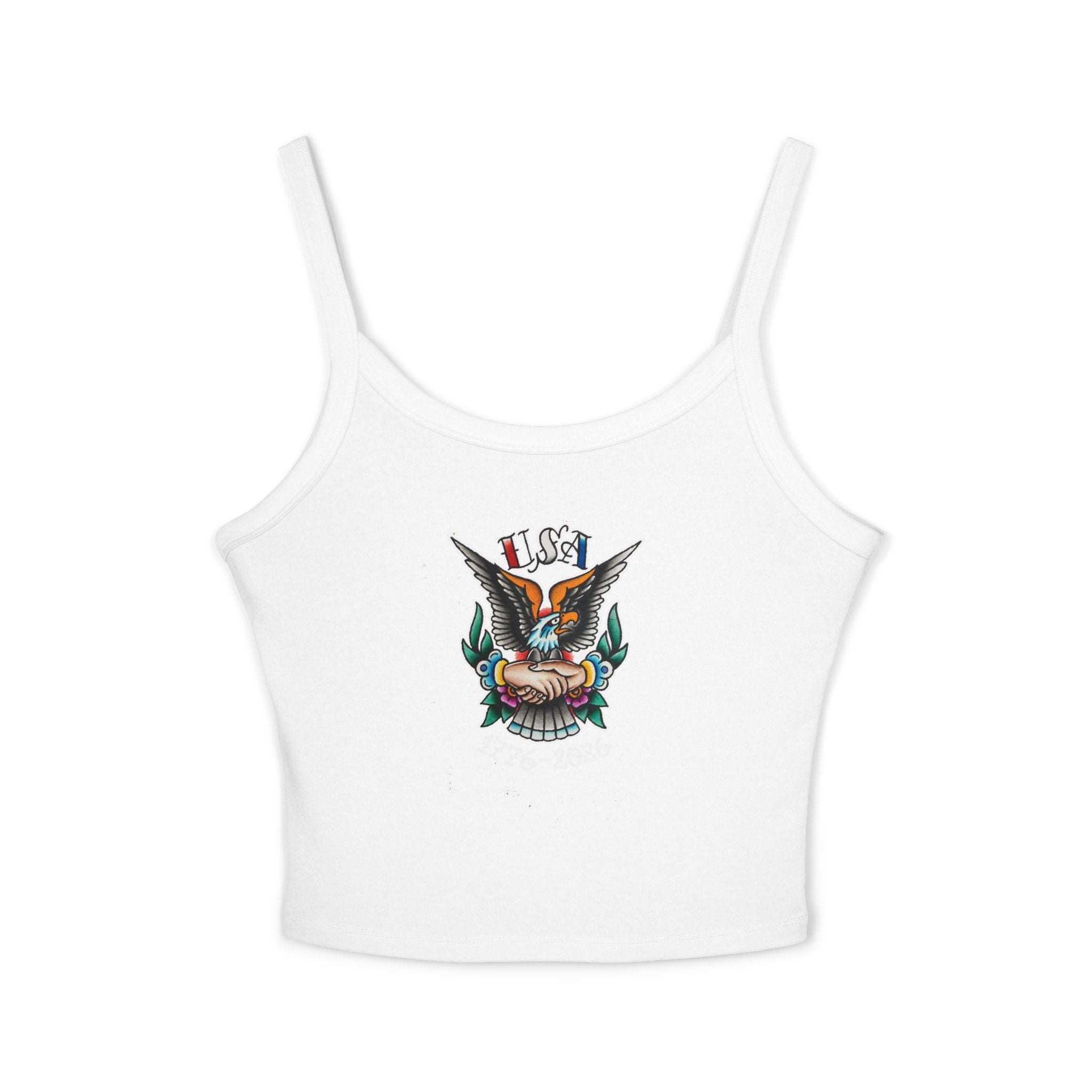 250th Anniversary Eagle w/Clasped Hands Tattoo Design 1776-2026 Spaghetti Strap Woman's Tank Top