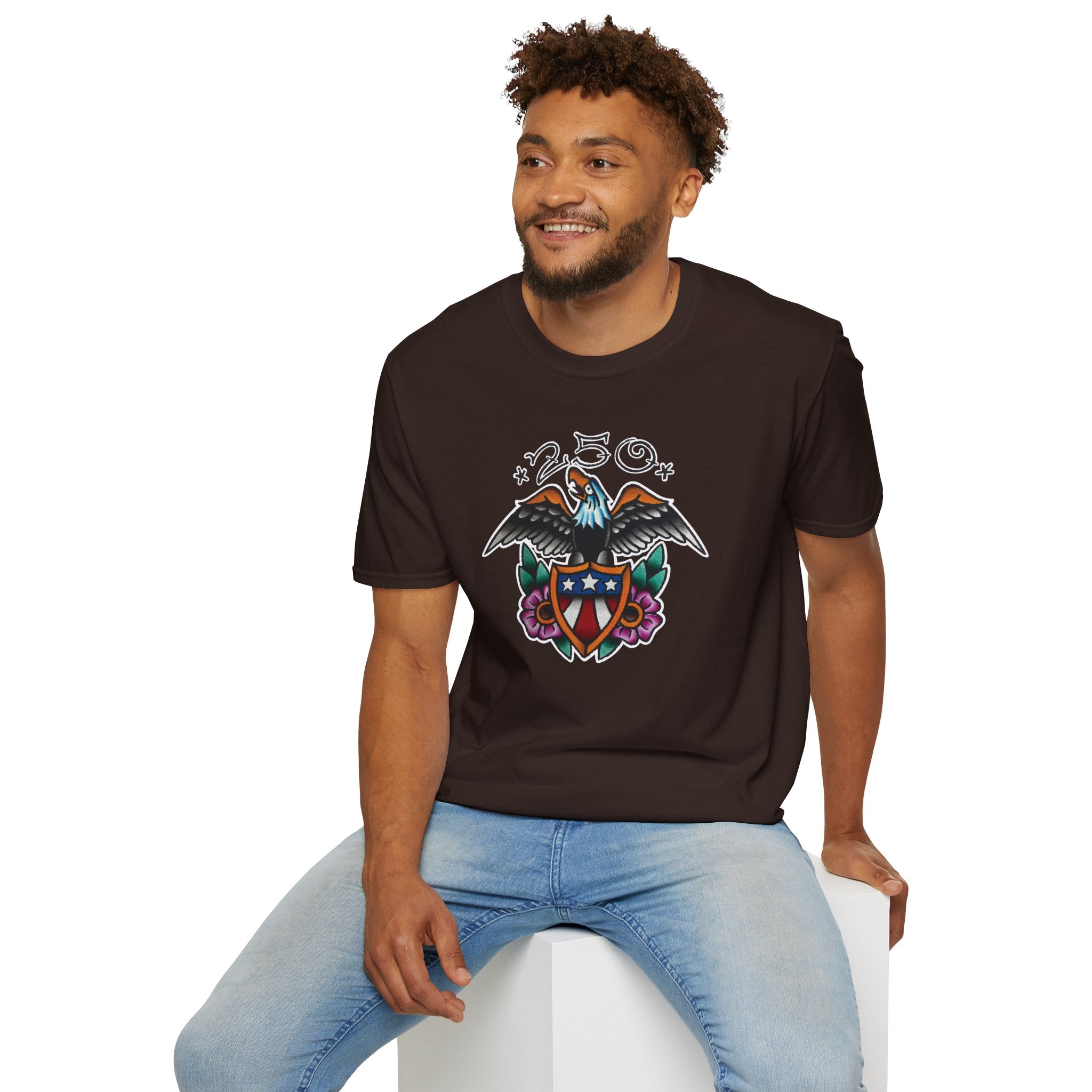 250th Anniversary Eagle w/Flag Shield Tattoo Unisex Softstyle T‑Shirt
