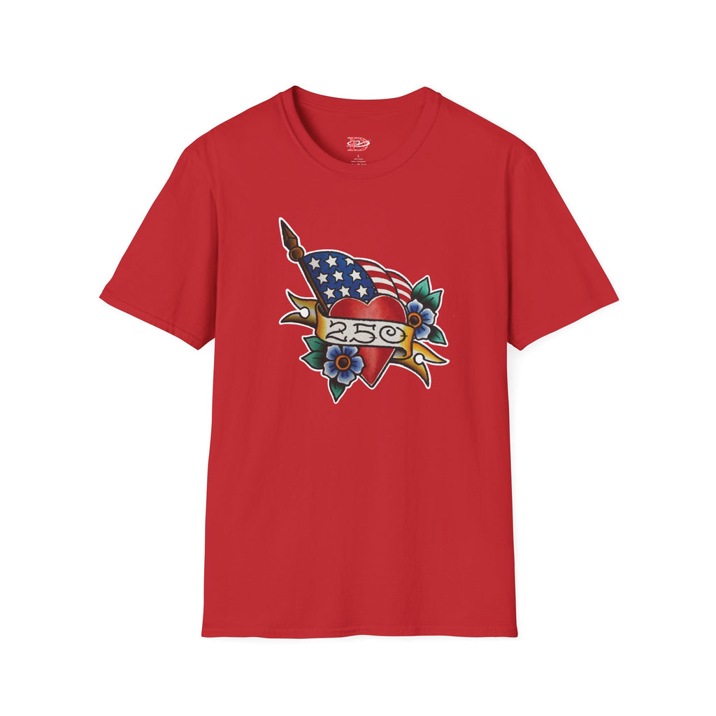 250th Anniversary American Flag and Heart Tattoo Unisex Softstyle T‑Shirt