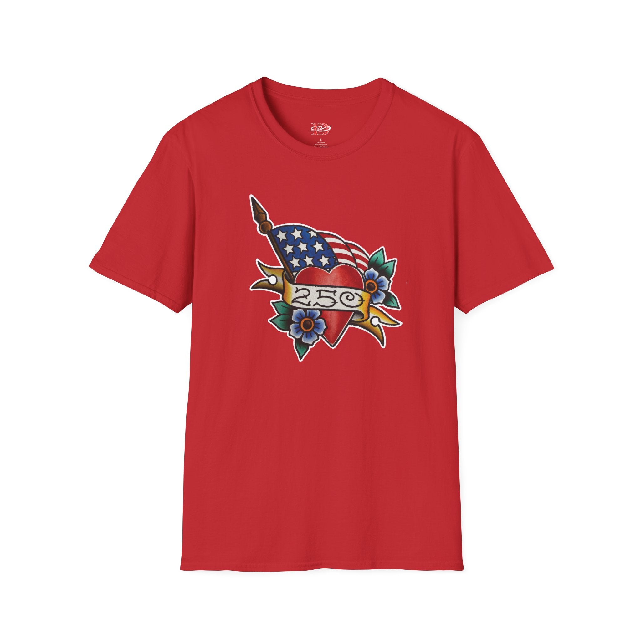 250th Anniversary American Flag and Heart Tattoo Unisex Softstyle T‑Shirt