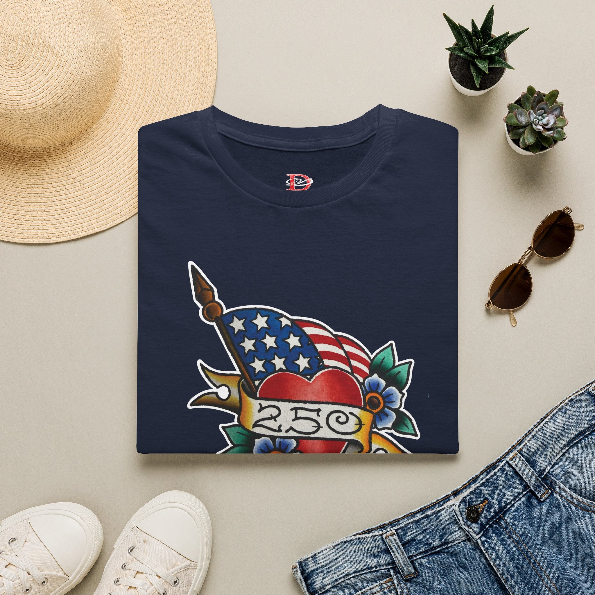 250th Anniversary American Flag and Heart Tattoo Unisex Softstyle T‑Shirt