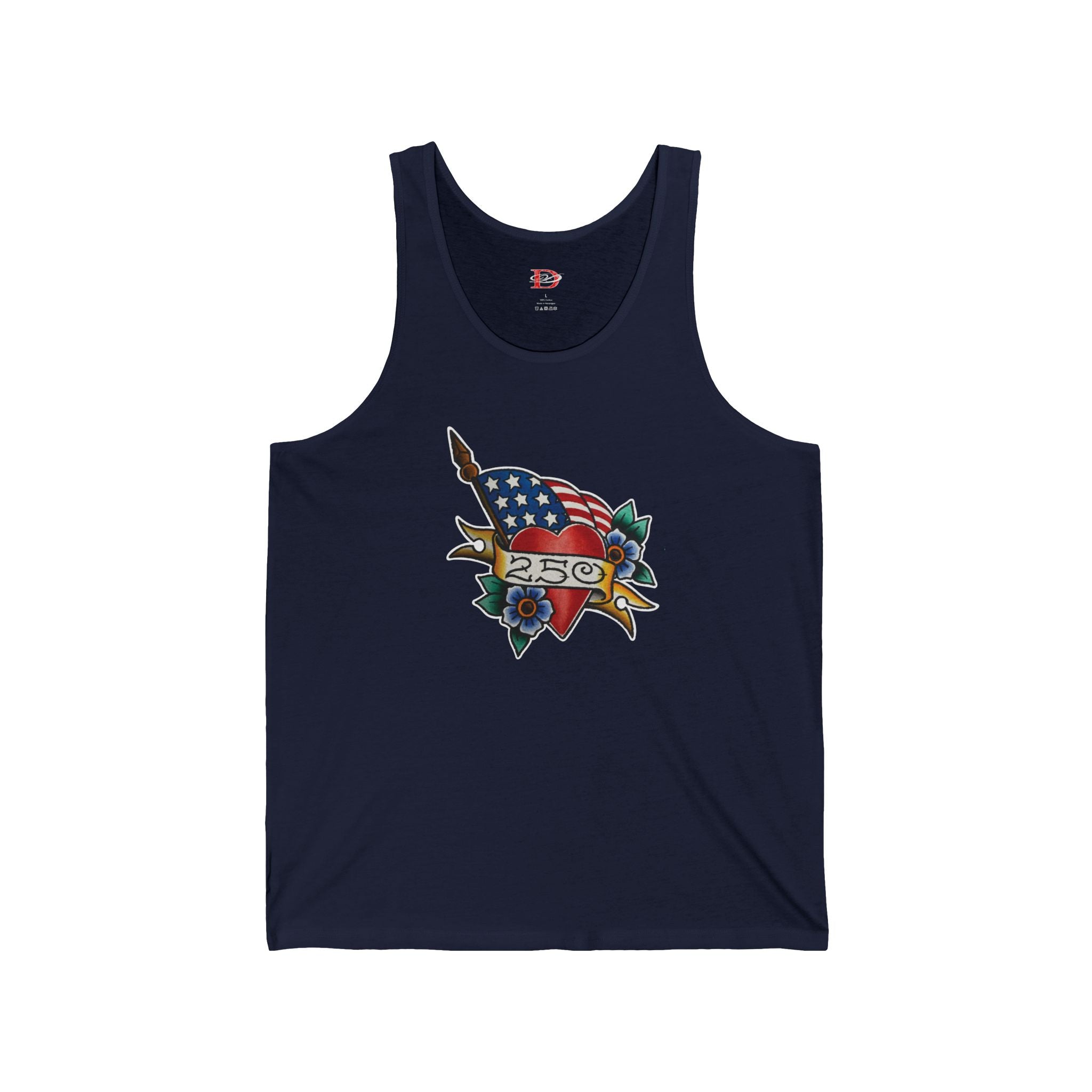 250th Anniversary American Flag w/Heart and 250 Banner Tattoo Design Mens Tank Top