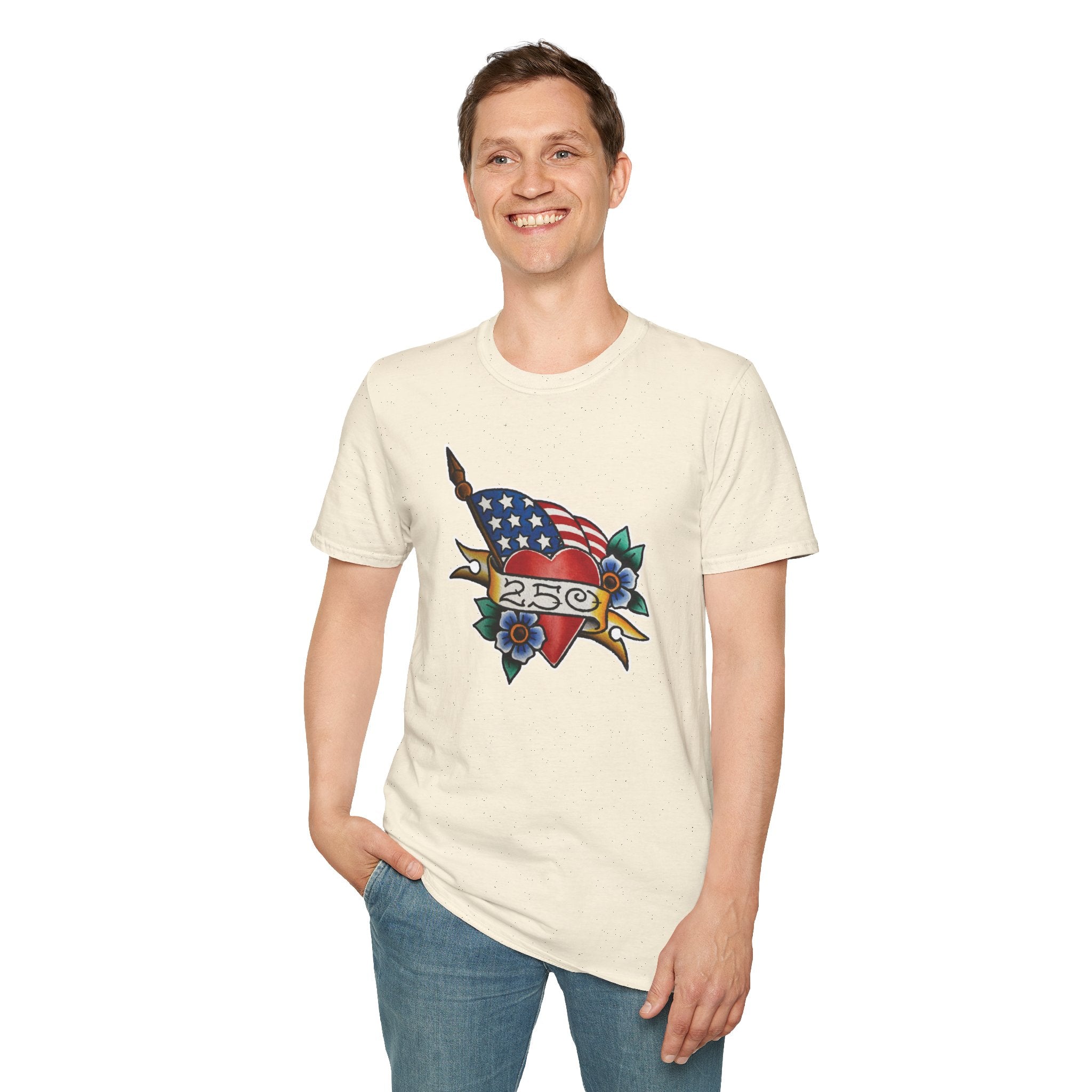 250th Anniversary American Flag and Heart Tattoo Unisex Softstyle T‑Shirt