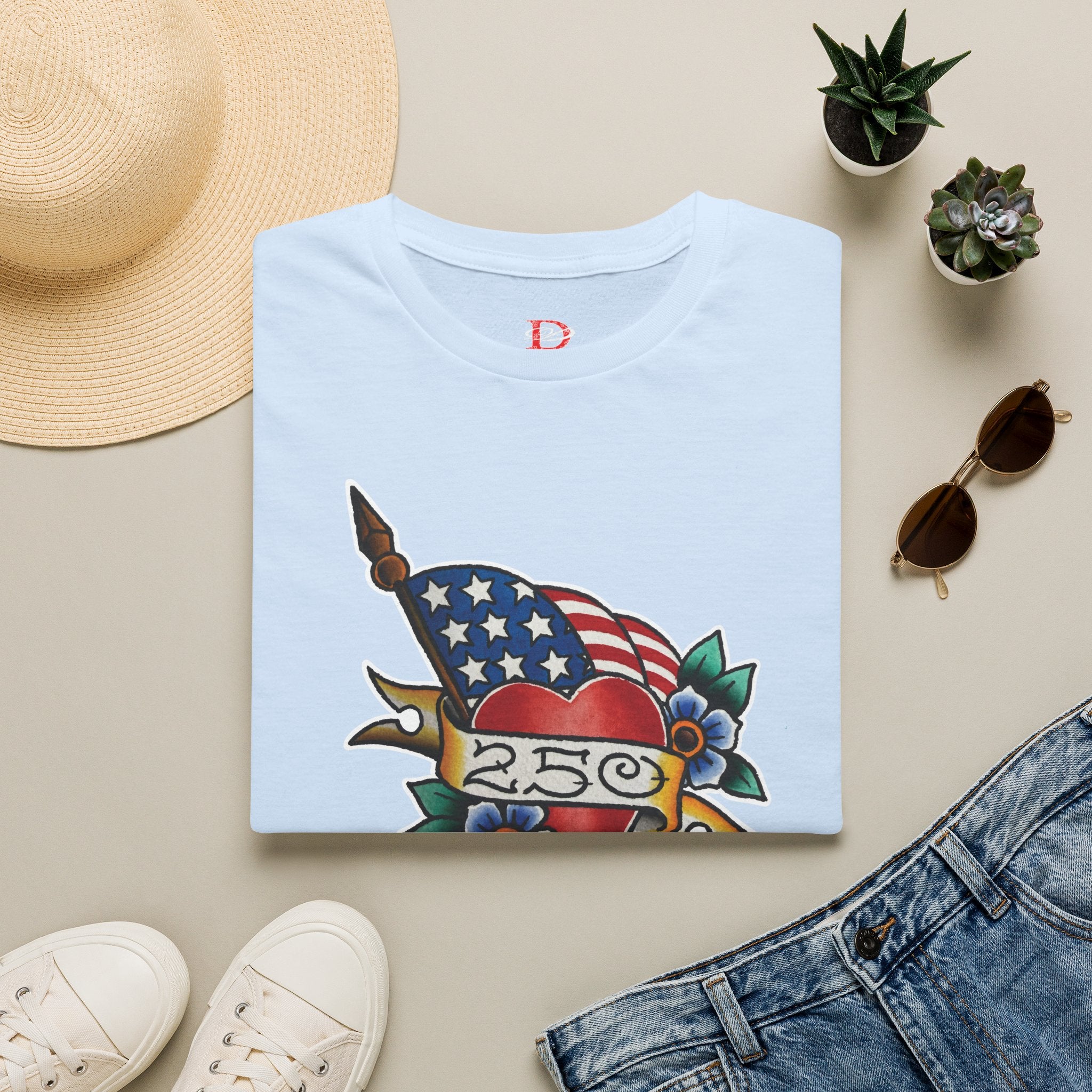 250th Anniversary American Flag and Heart Tattoo Unisex Softstyle T‑Shirt