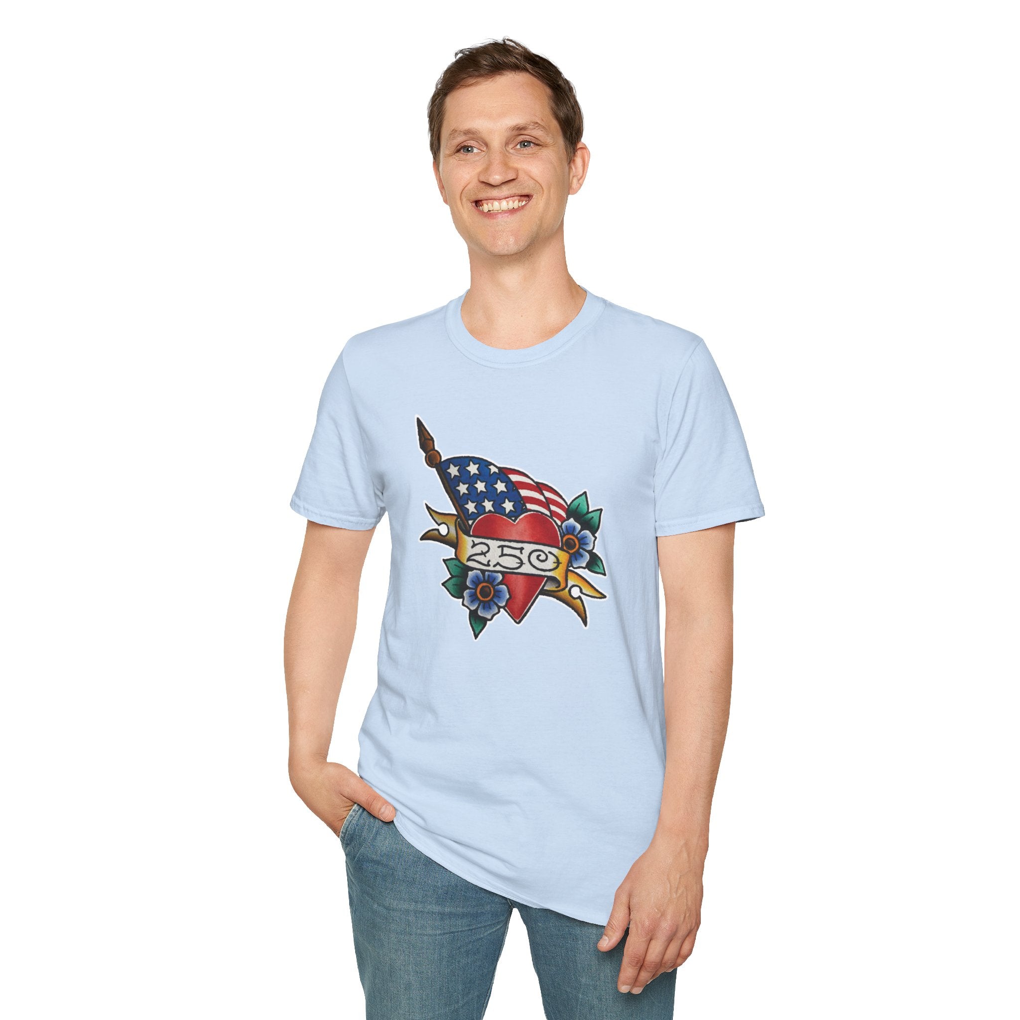 250th Anniversary American Flag and Heart Tattoo Unisex Softstyle T‑Shirt