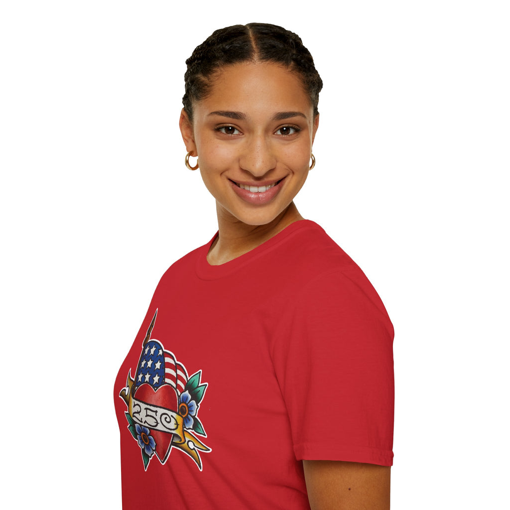 250th Anniversary American Flag and Heart Tattoo Unisex Softstyle T‑Shirt