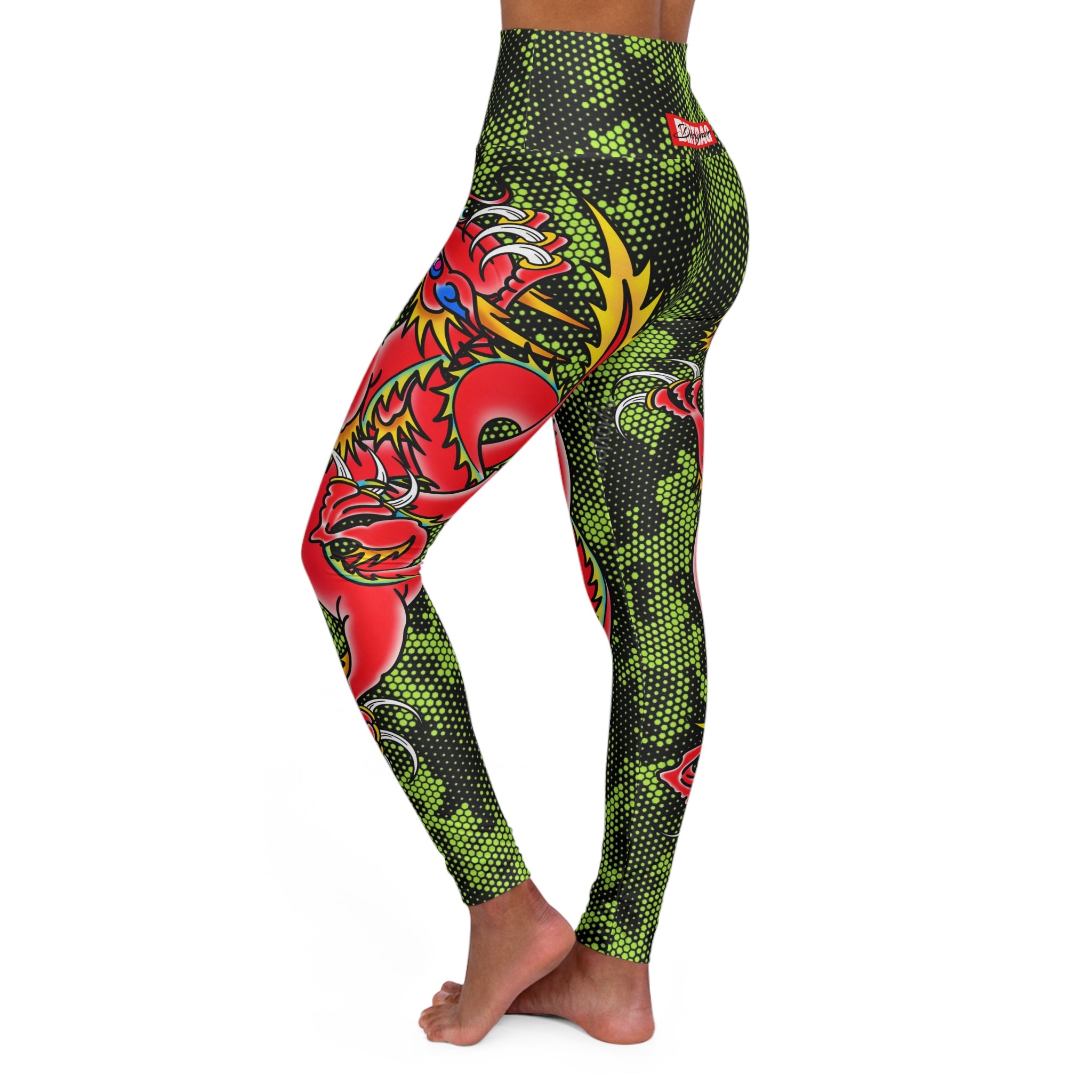 Custom Dragon W/ Lime Green Hexagon Camo High Waisted Leggings AOP