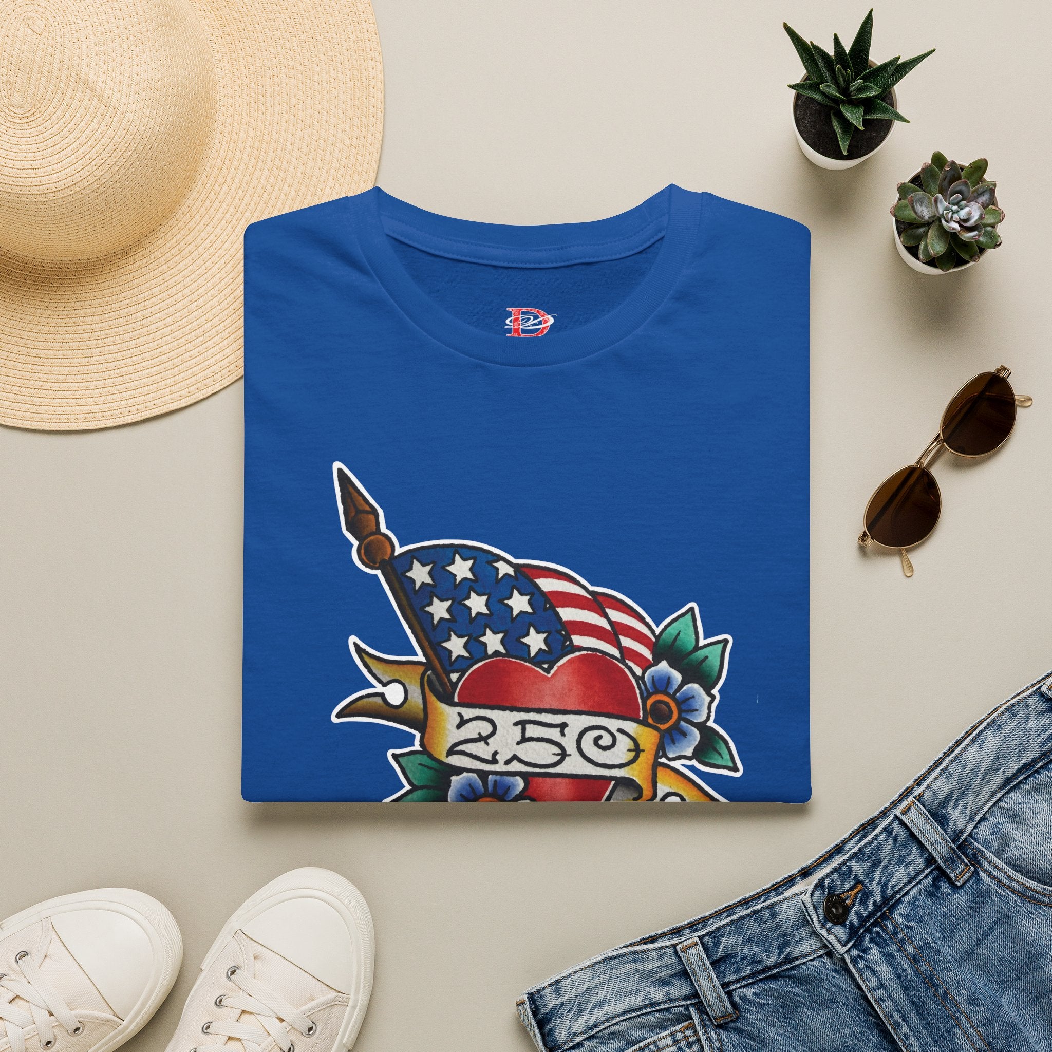 250th Anniversary American Flag and Heart Tattoo Unisex Softstyle T‑Shirt