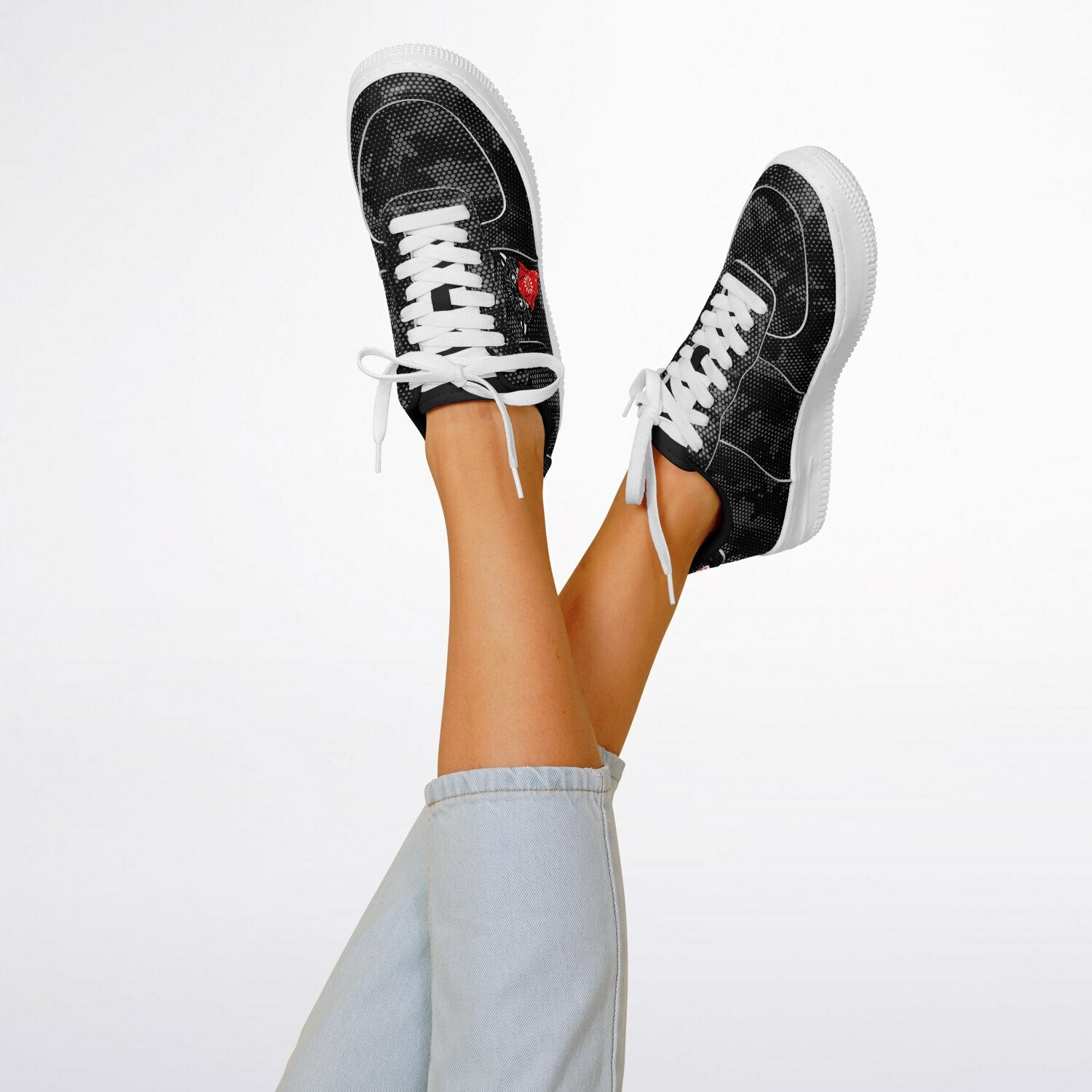 DD Low Top Sneakers in Digital Hexagon Urban Camo Pattern w/Bandito Panther and Box Logo AOP